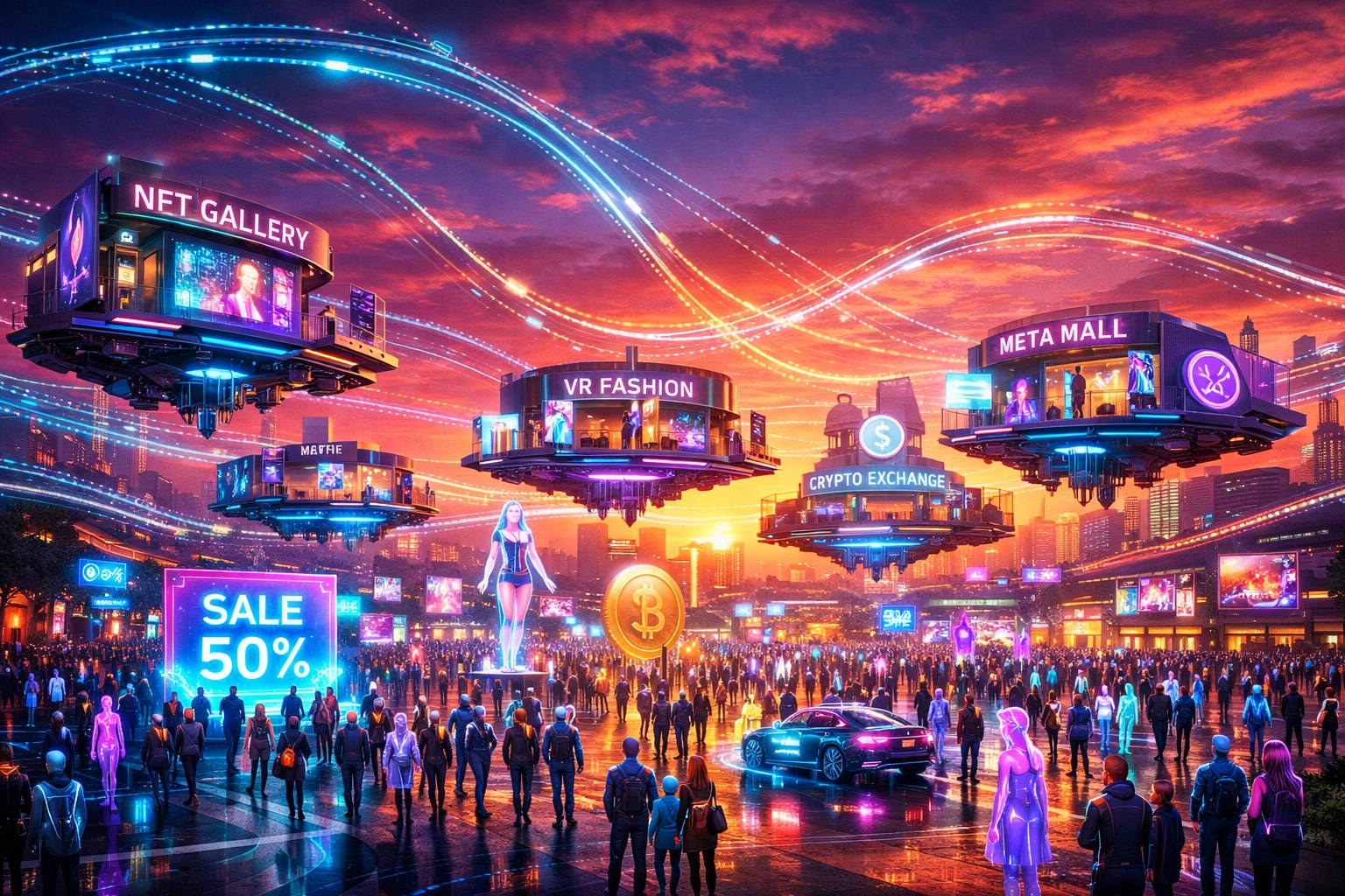 A grand virtual commercial district showing the scale of immersive metaverse commerce and Web3 retail.