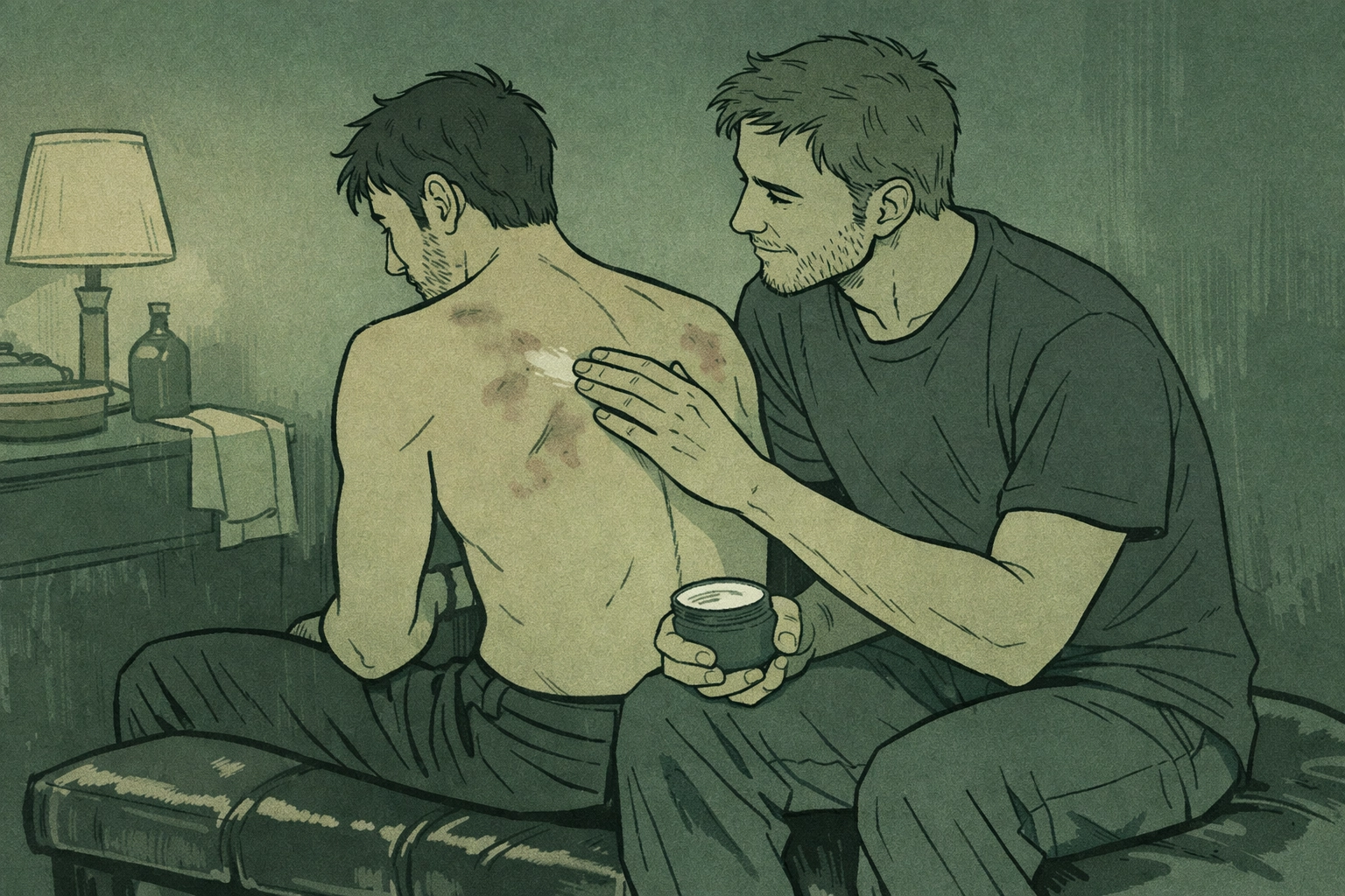 Two men in intimate aftercare moment, one applying cream in MM impact play relationship