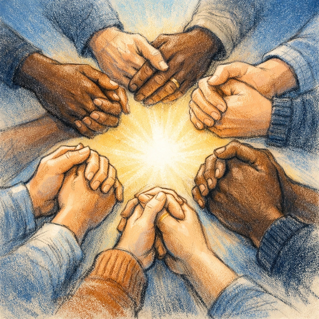 Diverse hands joined in prayer circle symbolizing unity and faith community
