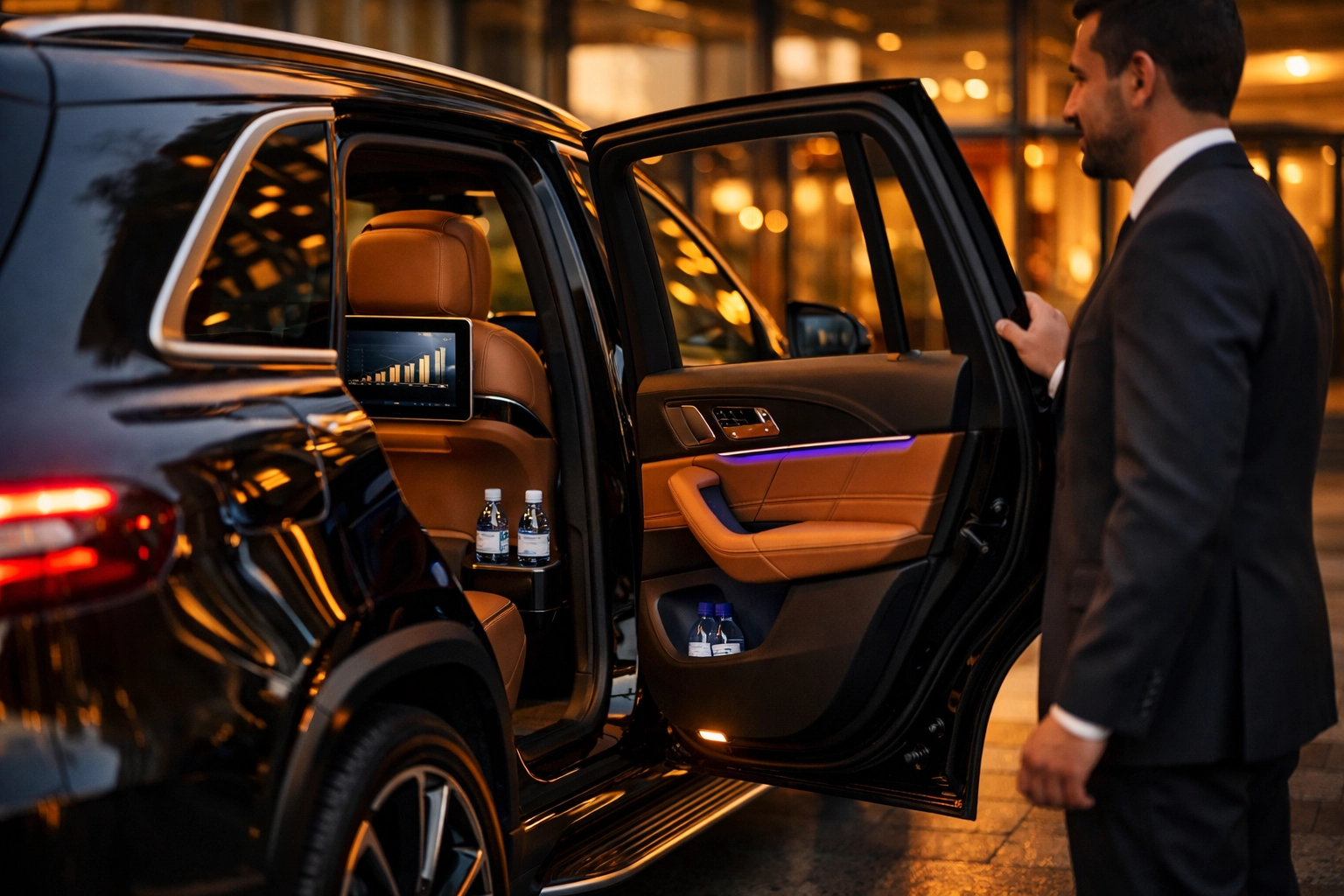 Luxury SUV with chauffeur showcasing premium corporate transportation for Super Bowl executives