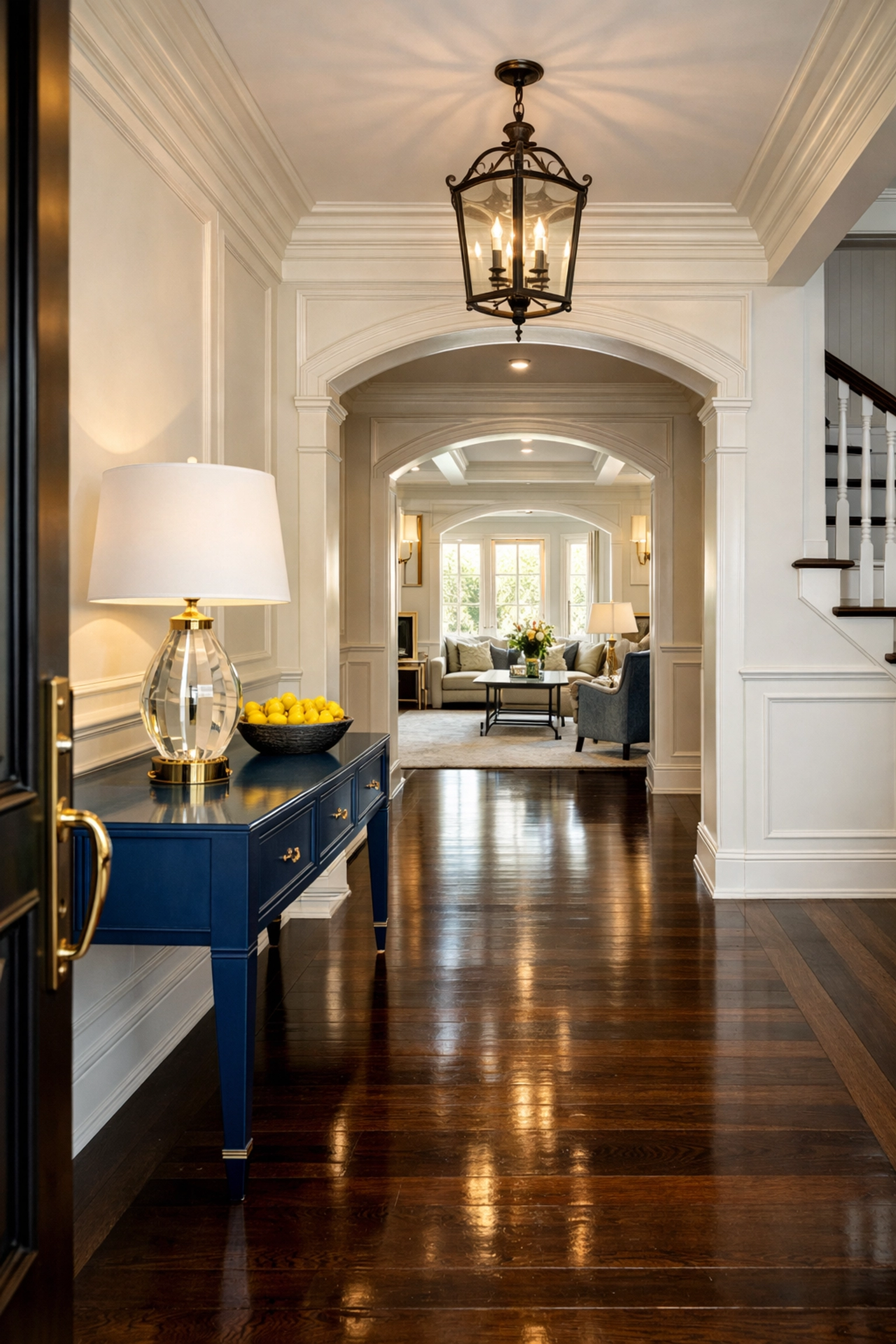Grand entryway of a Boxford estate with gleaming dark wood floors after a professional clean.