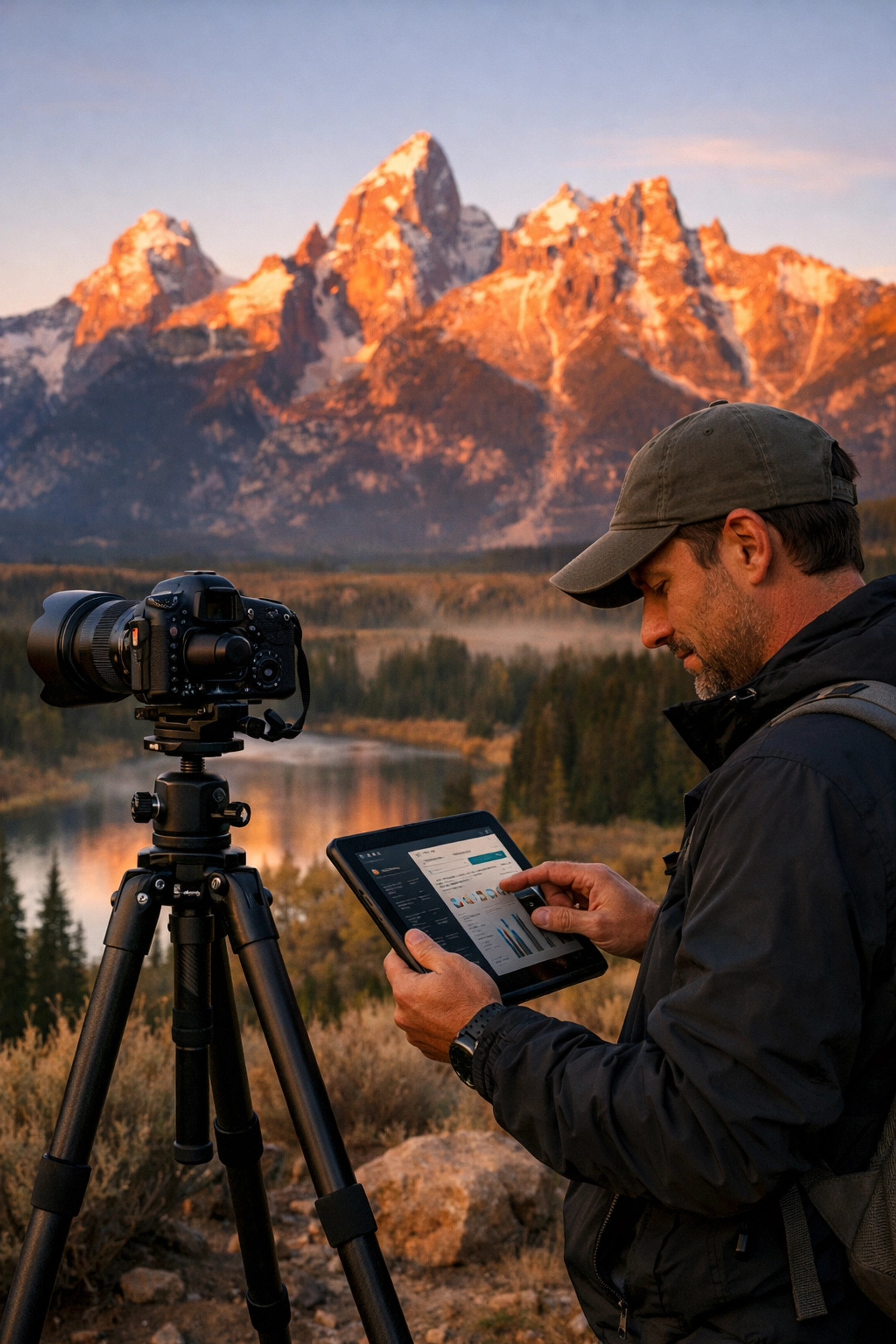 Landscape photographer using a tablet to manage client shoots at a scenic National Park during golden hour.