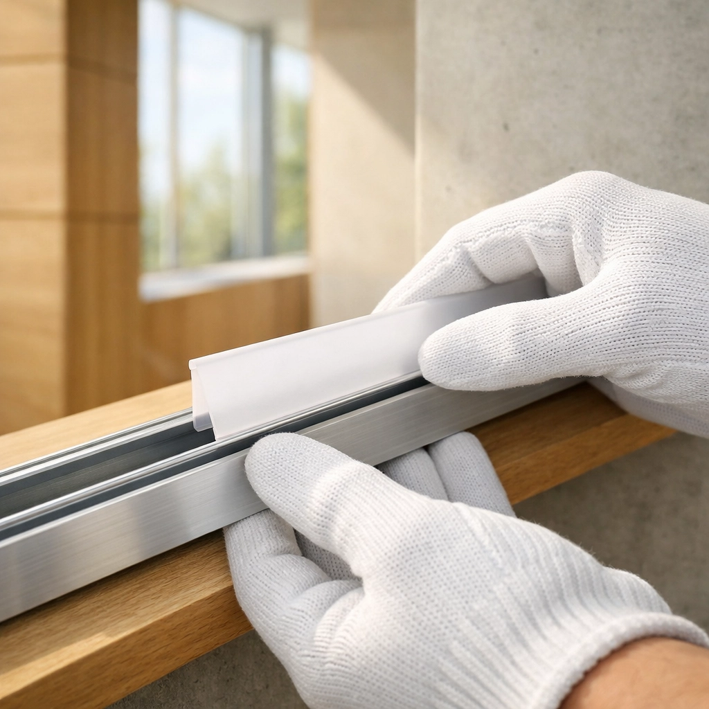 Installation professionnelle d'un diffuseur givré dans un profilé LED pour un éclairage doux et uniforme.