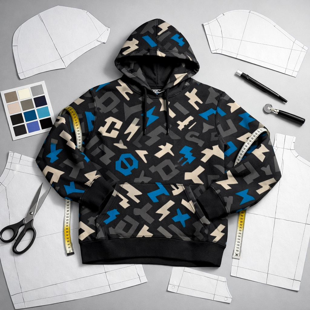 Technical layout of all over print hoodies with pattern pieces and tools for custom apparel printing.