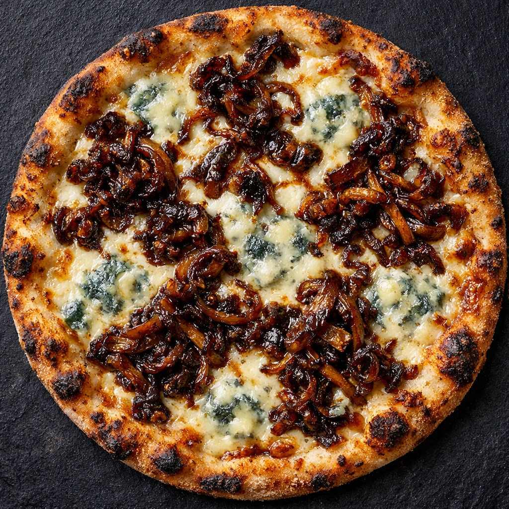 A 5-ingredient caramelized onion and gorgonzola pizza with a crisp, charred crust.