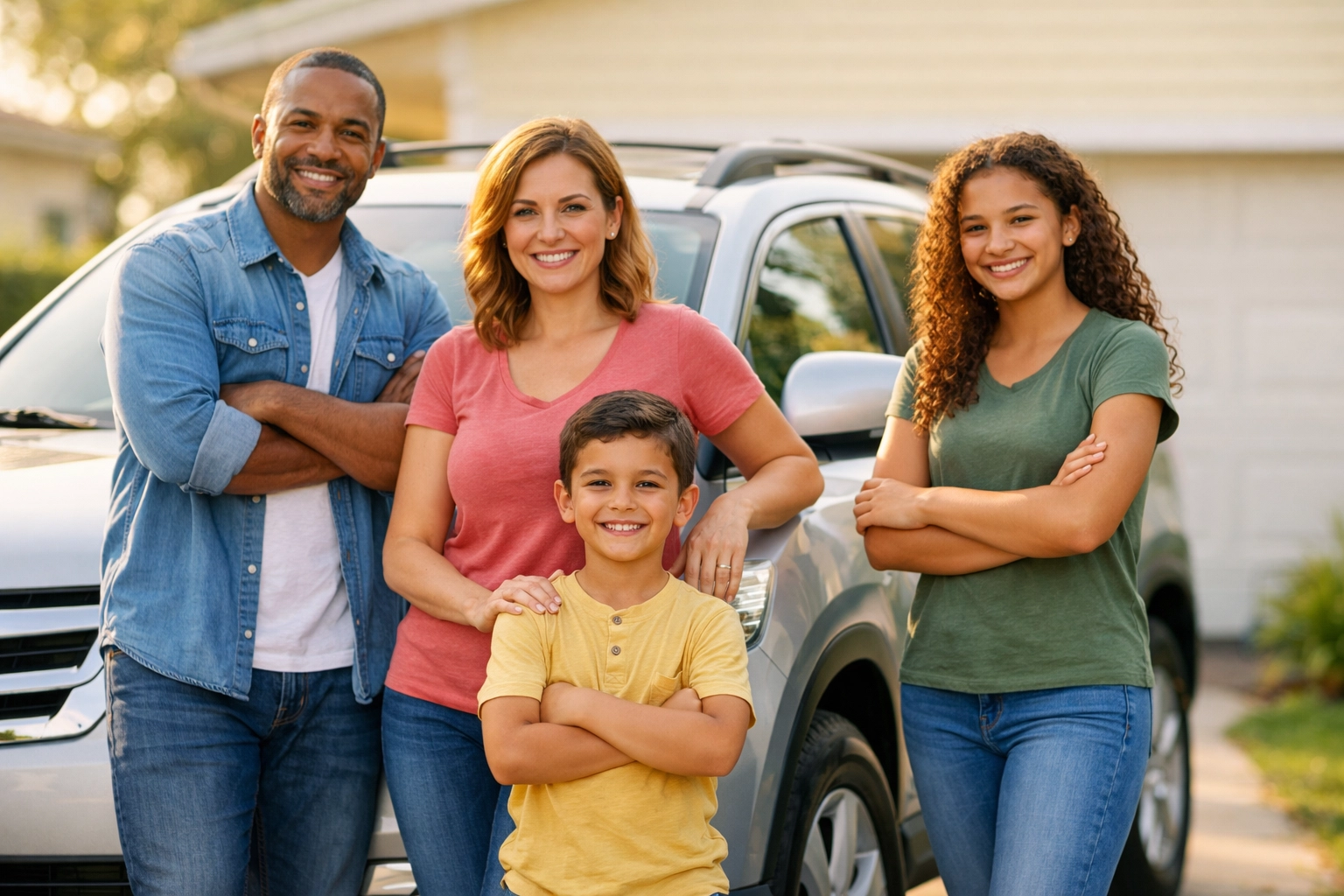 Pennsylvania family standing with their car representing proper household driver coverage
