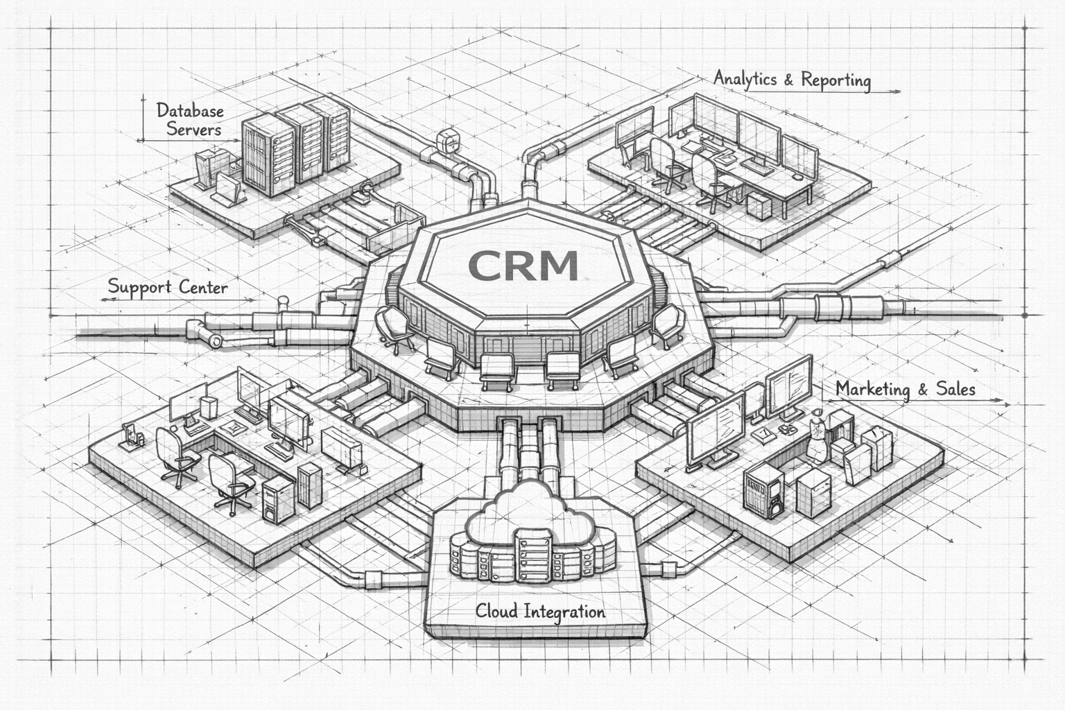 Technical blueprint illustrating a centralized CRM automation hub for organized sales data management.