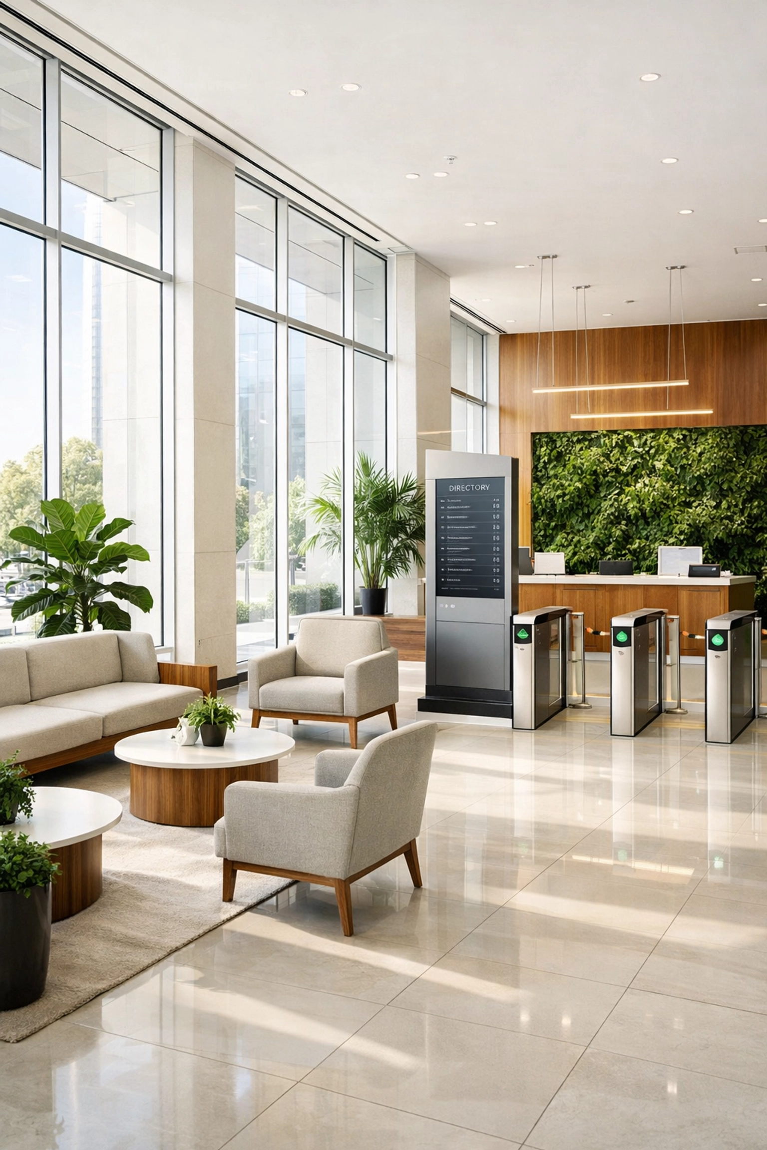 Modern Florida office building lobby featuring natural light and contemporary design elements