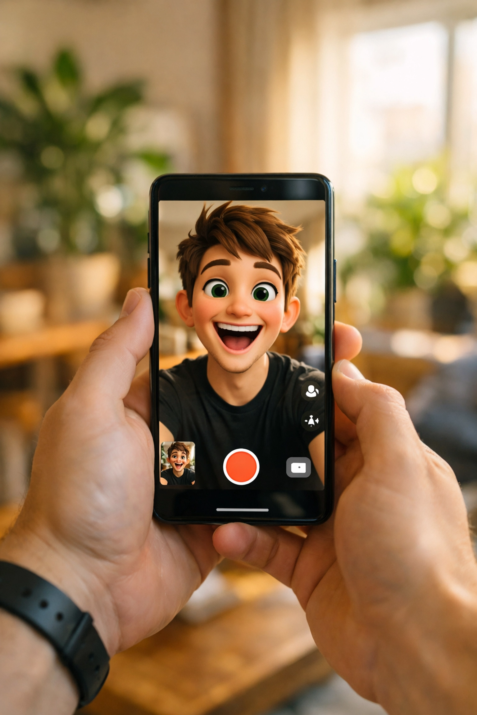 Content creator using a smartphone for mobile AI face-swaps and viral social media videos.