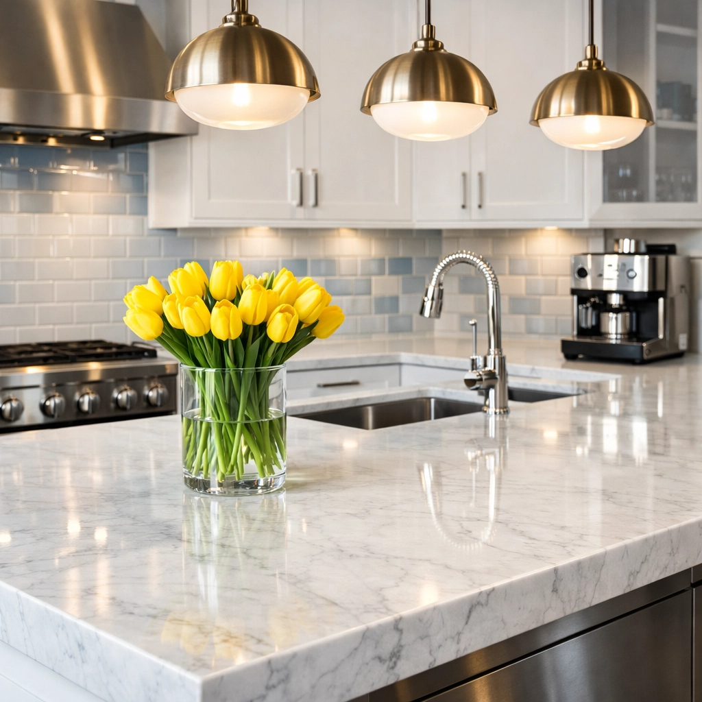 Spotless marble kitchen island and polished surfaces from consistent recurring house cleaning services.