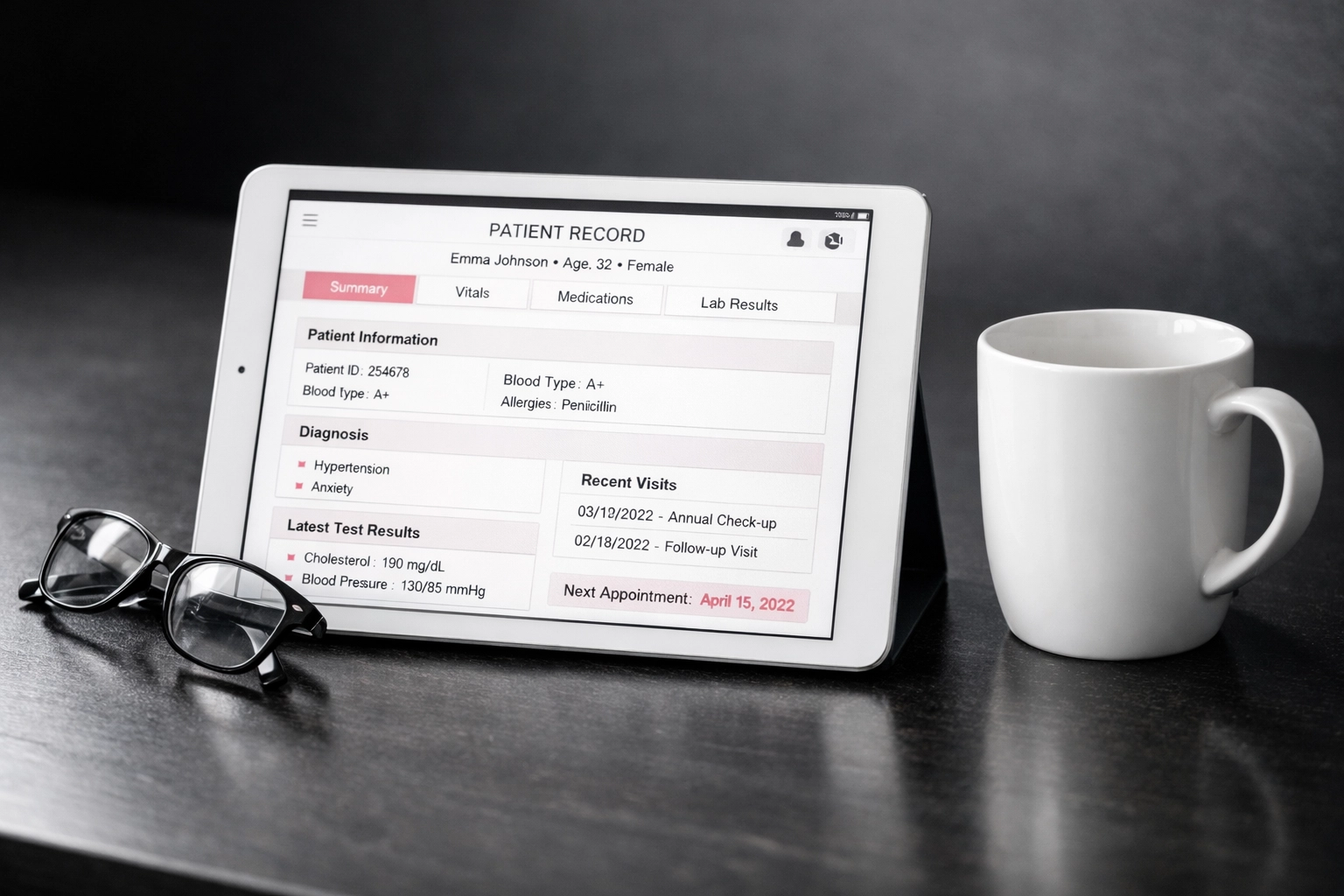 Digital medical records on a tablet during a remote documentation audit for care plan alignment.