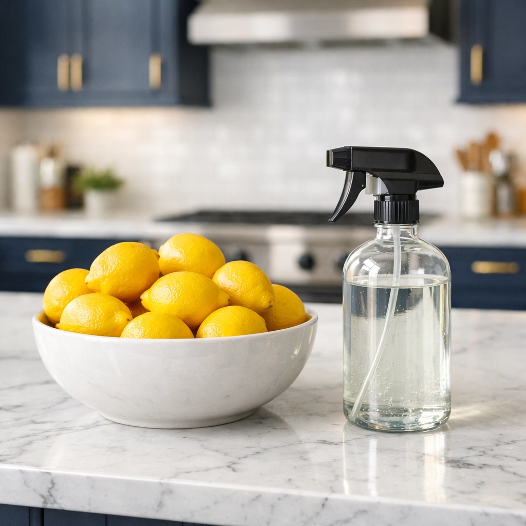 Eco-friendly house cleaning in Leominster MA with natural sprays in a modern kitchen.