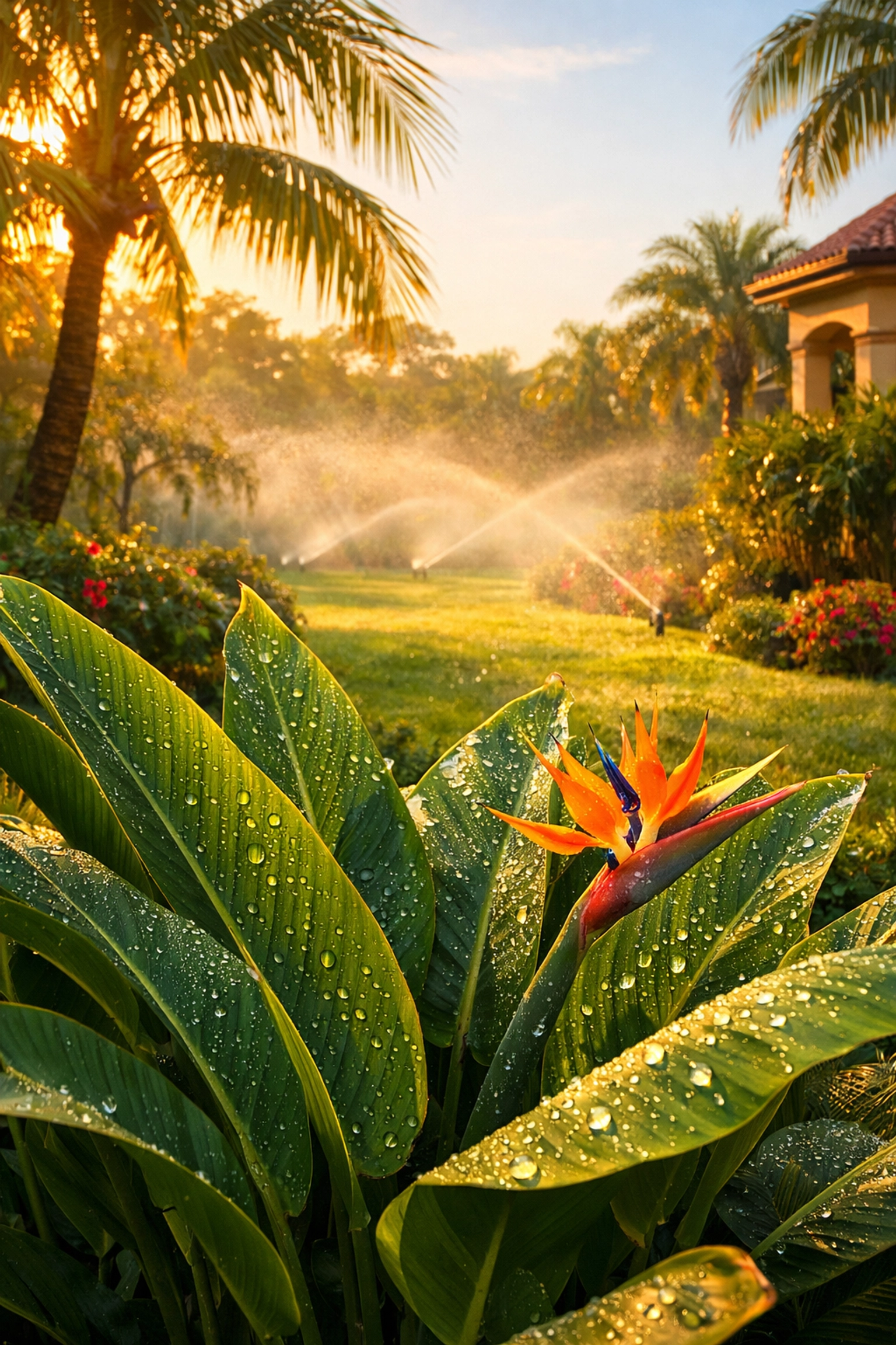Lush tropical garden in Venice, FL receiving deep morning hydration for healthy ornamental plant care.