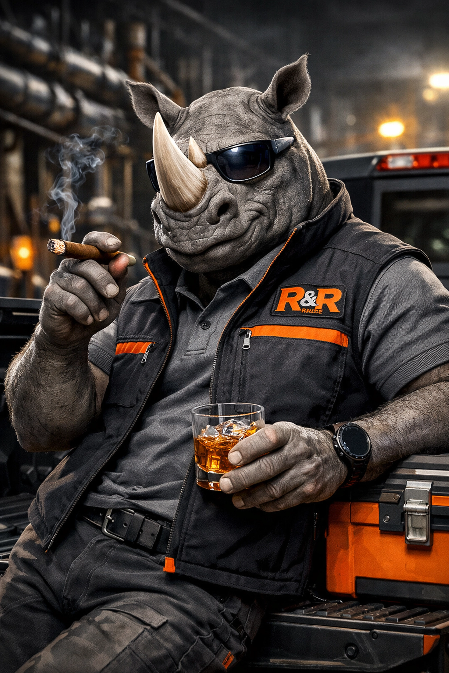 Ramblin' Rhyno mascot demonstrating calm trade leadership and emotional intelligence on an HVAC jobsite.