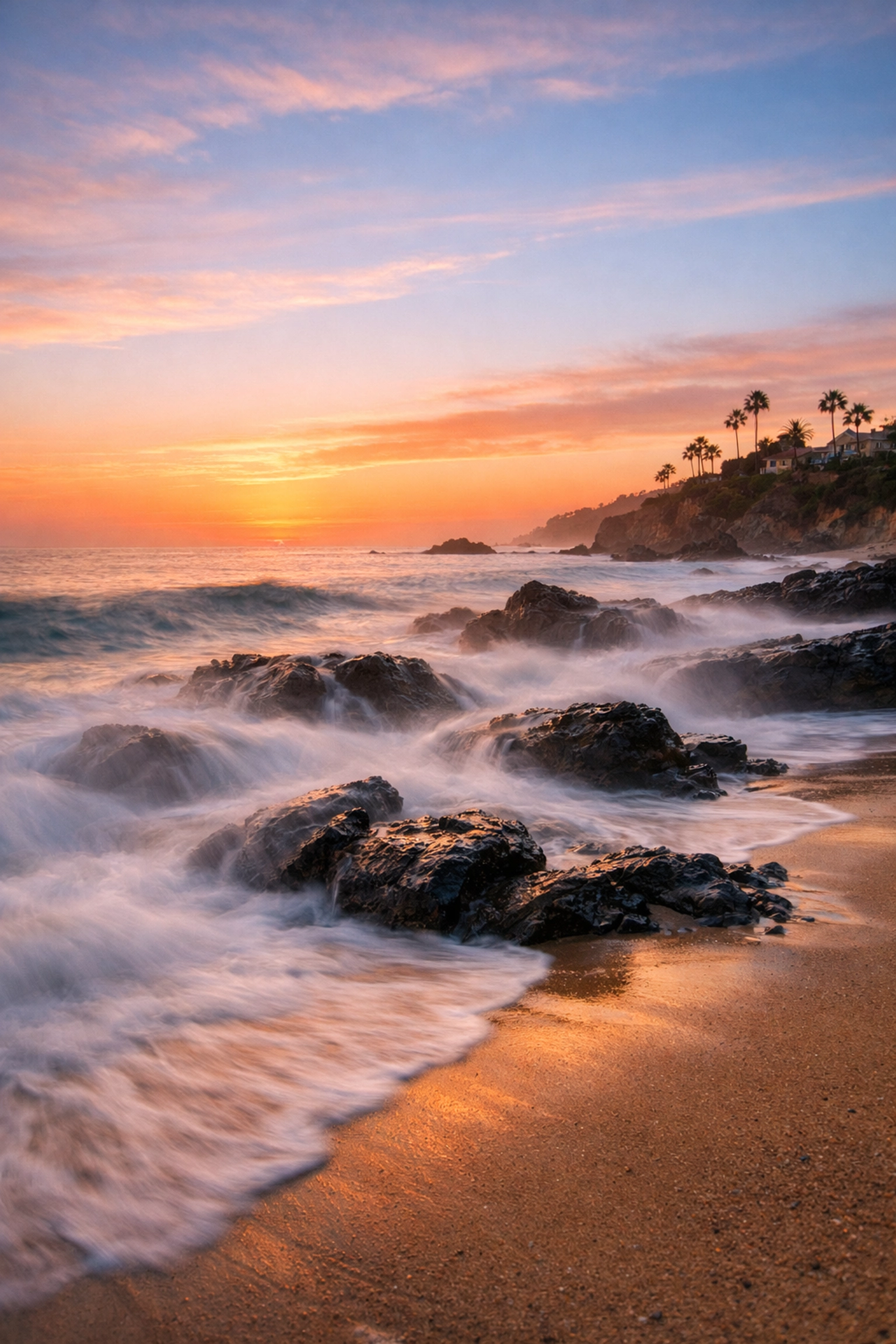 Golden hour at a top photography location in Laguna Beach with misty ocean waves.