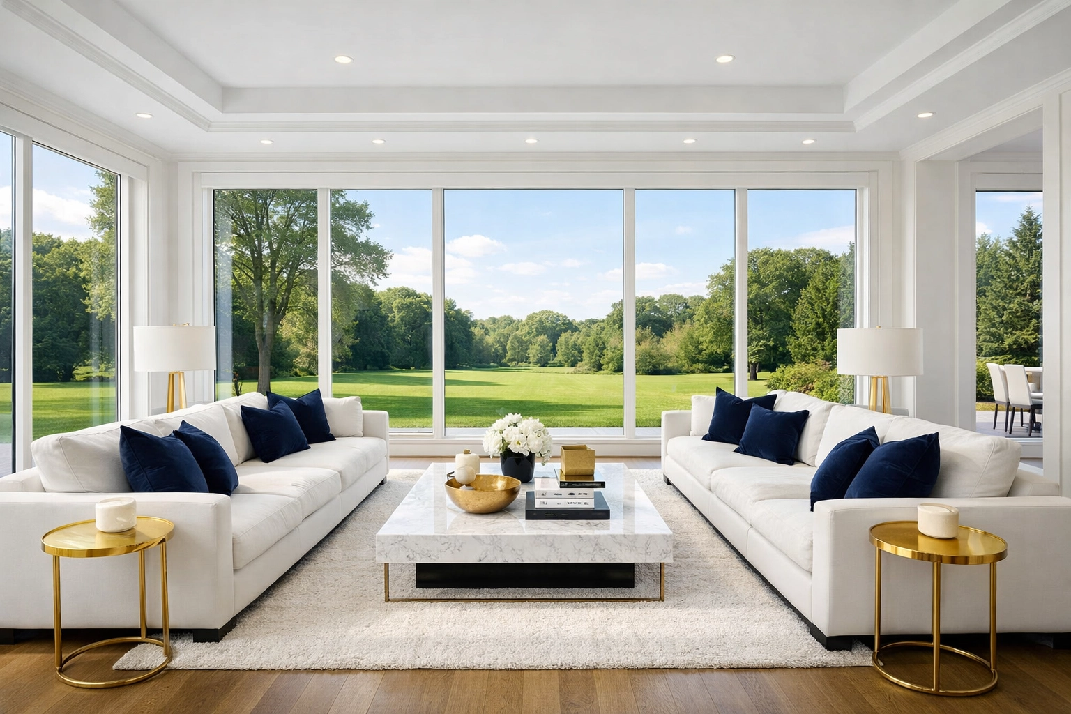 Spotless luxury living room in Dover showcasing professional residential cleaning Massachusetts services.