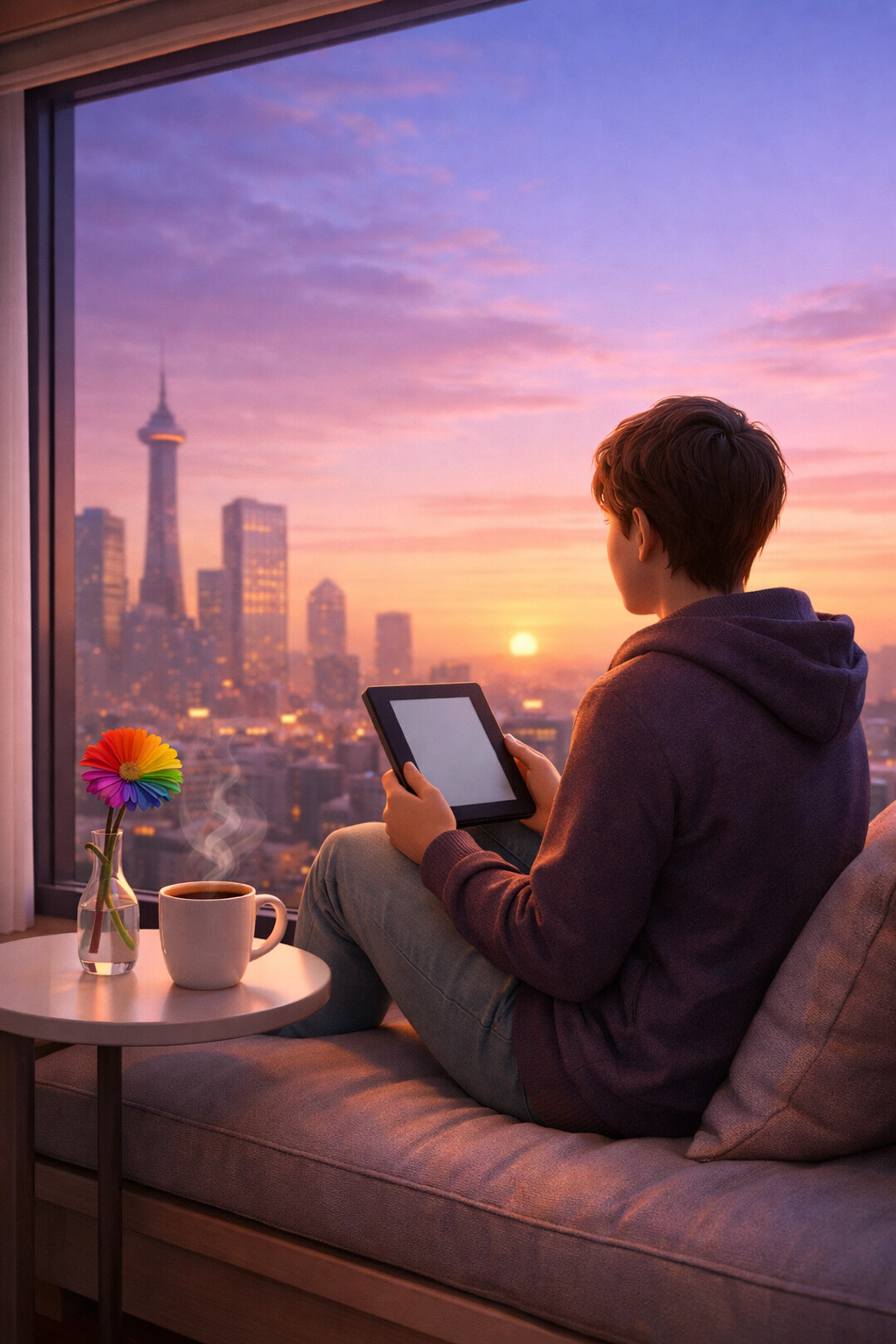 A queer author holding an e-reader at dawn, celebrating a successful LGBTQ+ ebook launch on Read with Pride.