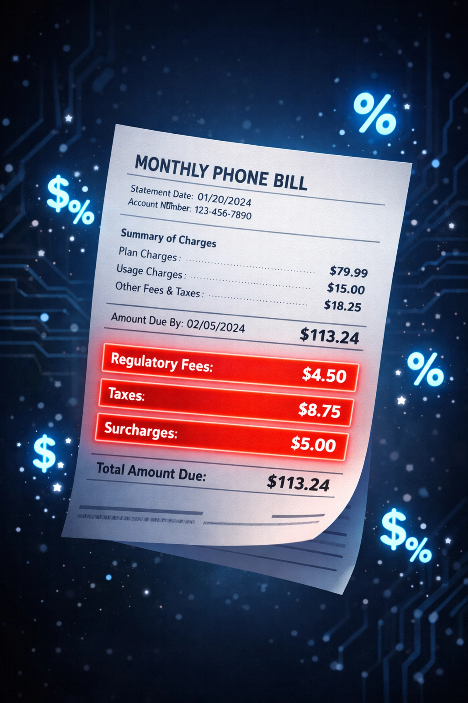 VoIP phone bill showing hidden regulatory fees and taxes adding unexpected costs