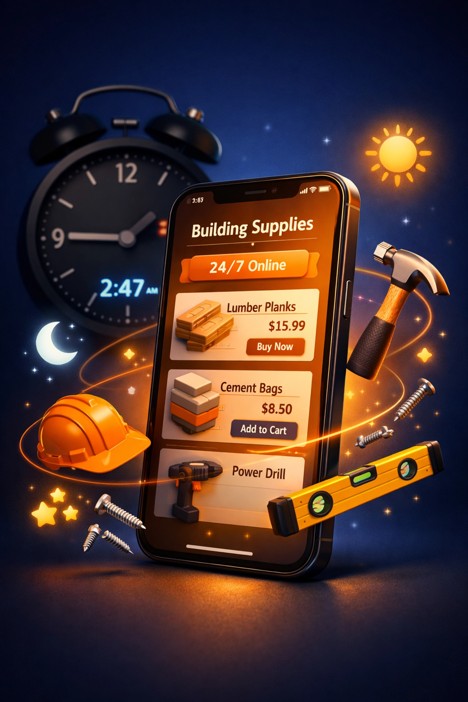 Smartphone displaying construction materials shopping available 24/7 for contractors