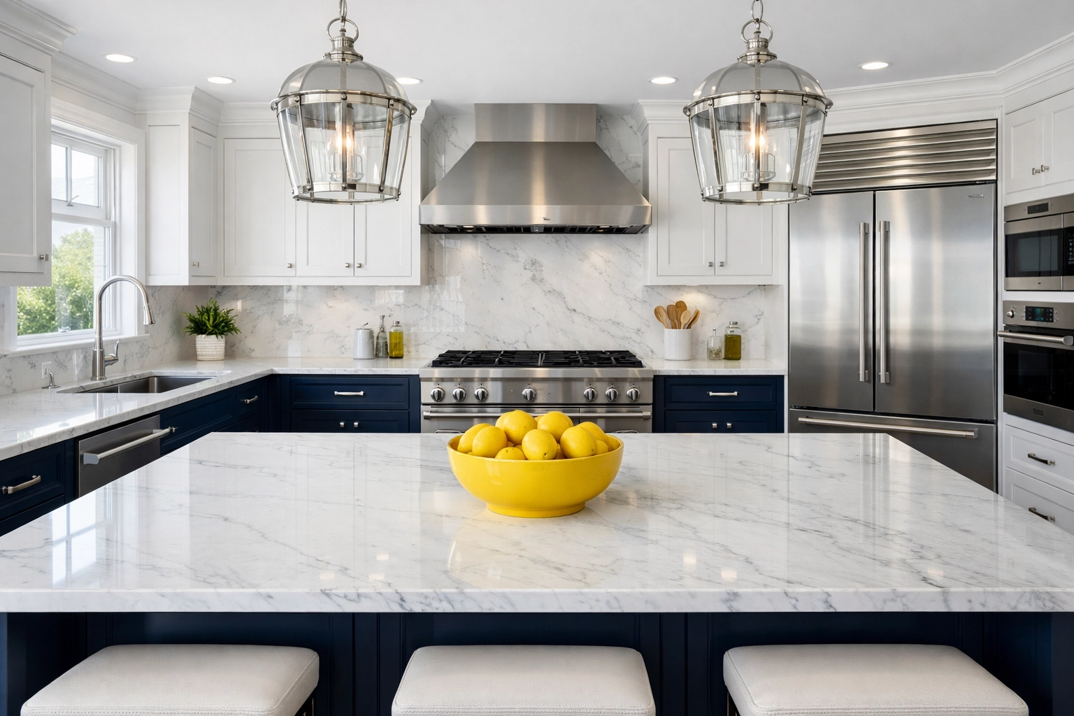 Spotless high-end Boston kitchen with marble countertops after a professional deep clean for move-out.