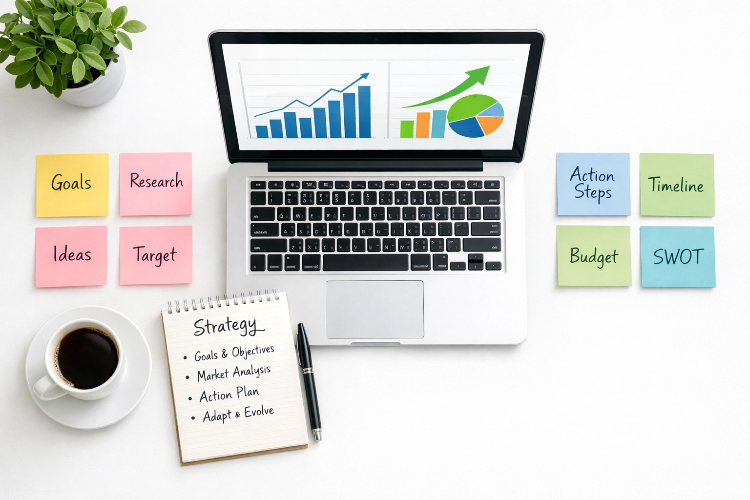 Franchise development strategy workspace with growth charts and planning notes