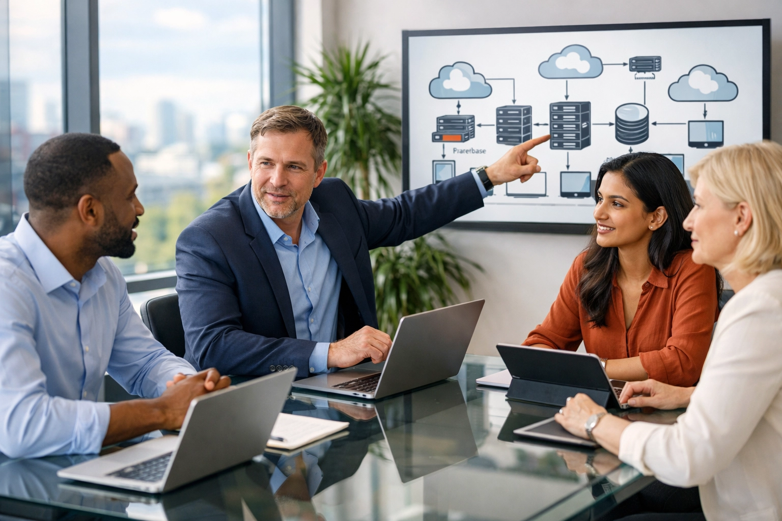 Professional IT consulting team collaborating on a secure network architecture for a modern business office.