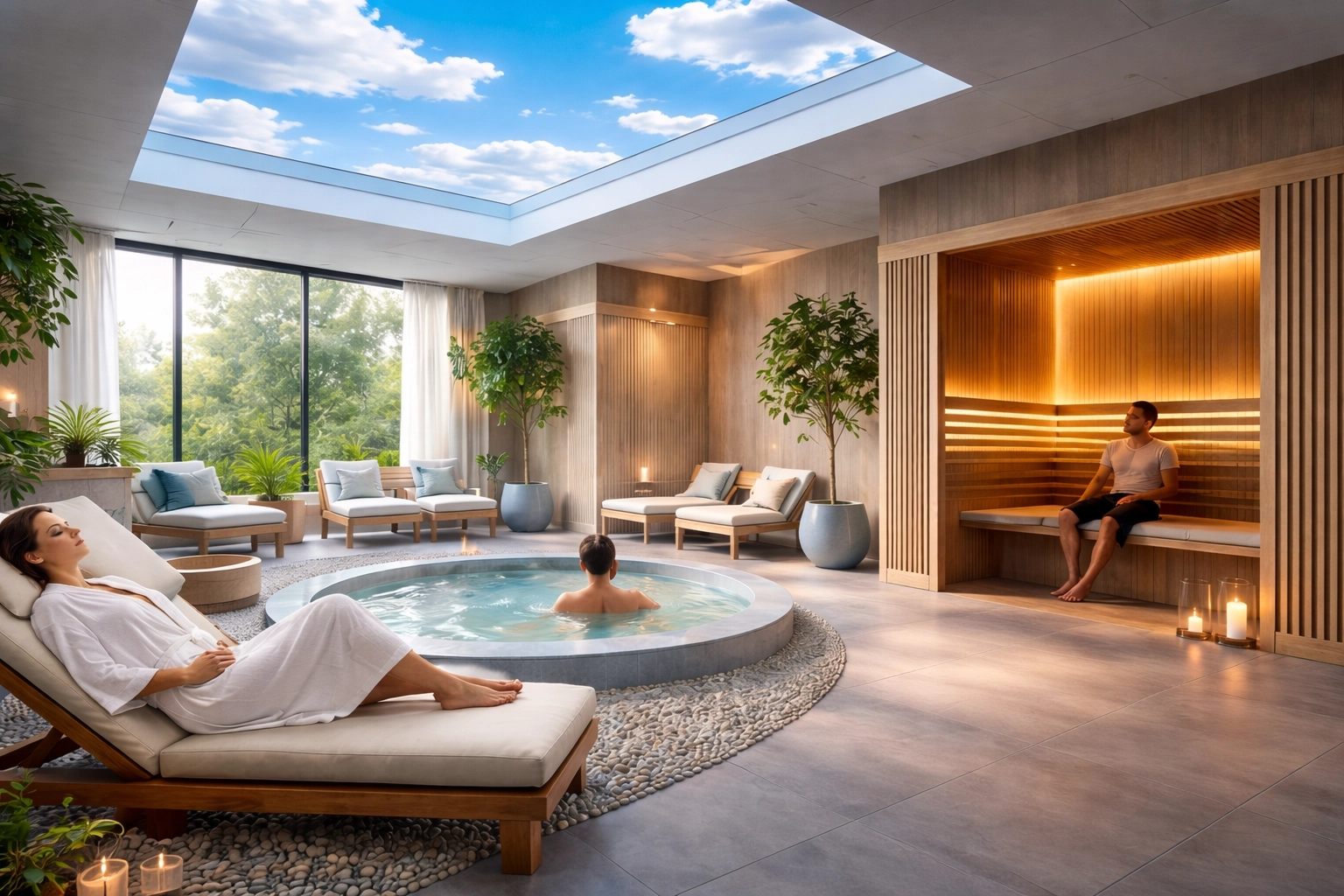 Immersive fitness recovery space in a gym wellness room with Digital SkyLites fitness center ceiling visuals