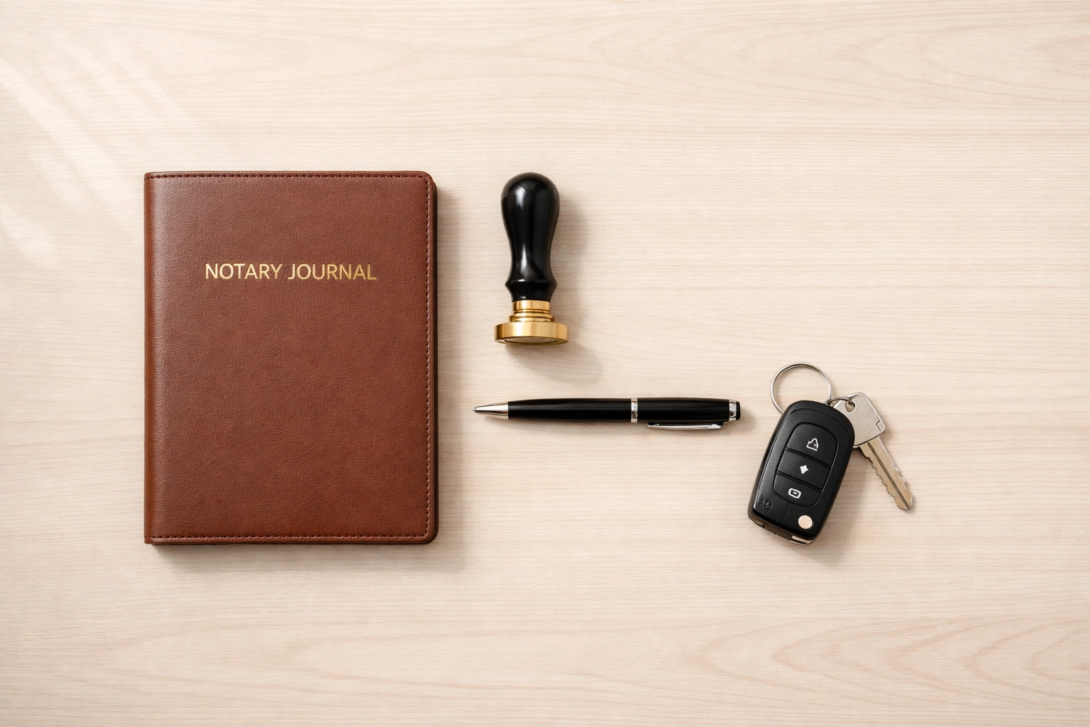 Mobile notary workspace with journal, seal stamp, pen and car keys ready for travel