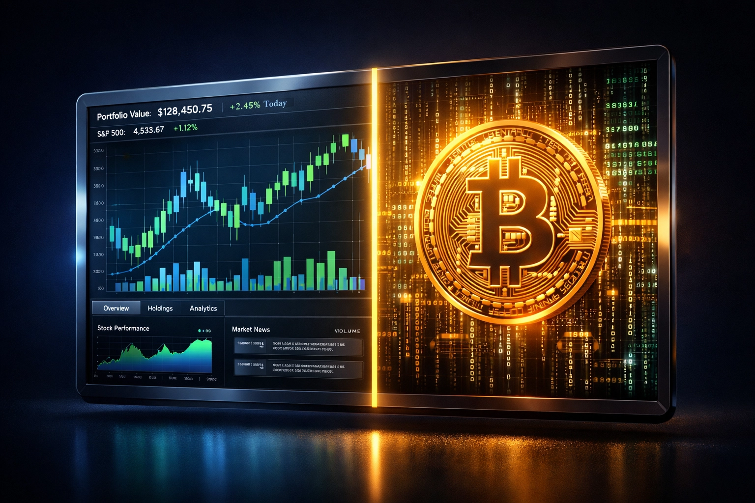Portfolio dashboard comparing traditional stock investments with Bitcoin digital asset allocation