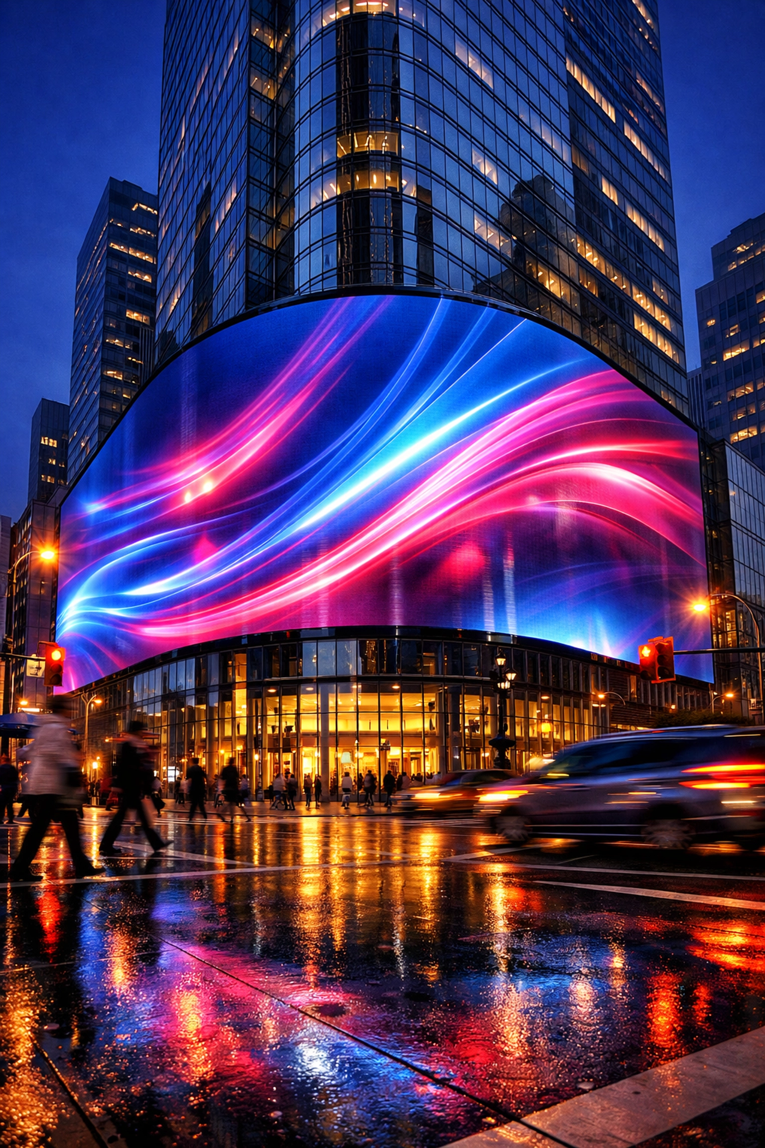 Dynamic digital out-of-home advertising display on an urban skyscraper at dusk for boosted brand visibility.