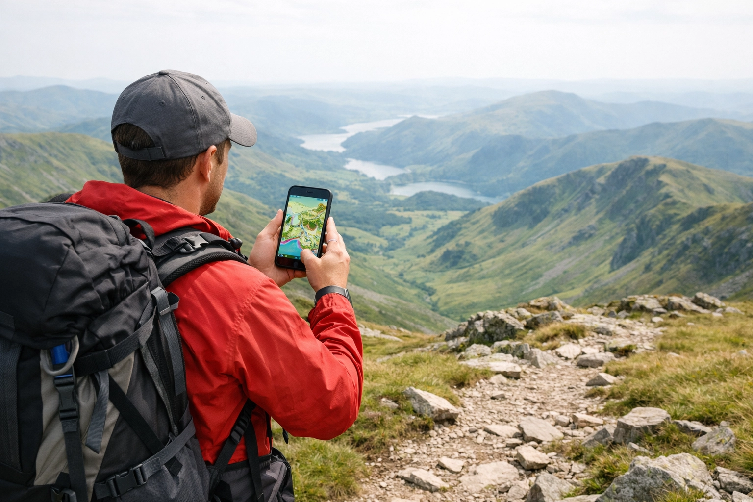 Hiker using offline maps on a smartphone while exploring a mountain ridge on a UK camping adventure.