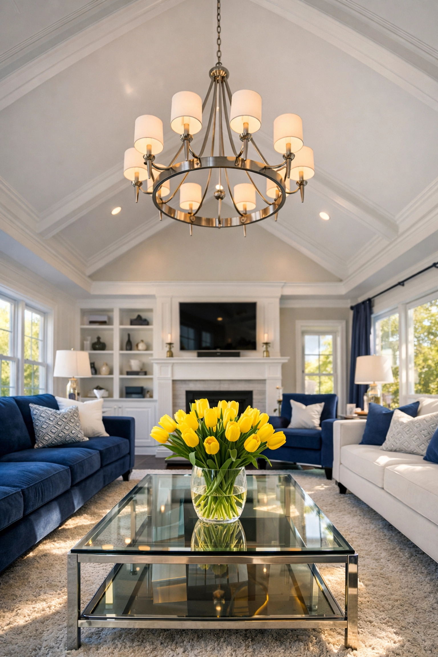 Sun-drenched luxury living room showing the results of professional top-down house cleaning Pepperell MA.