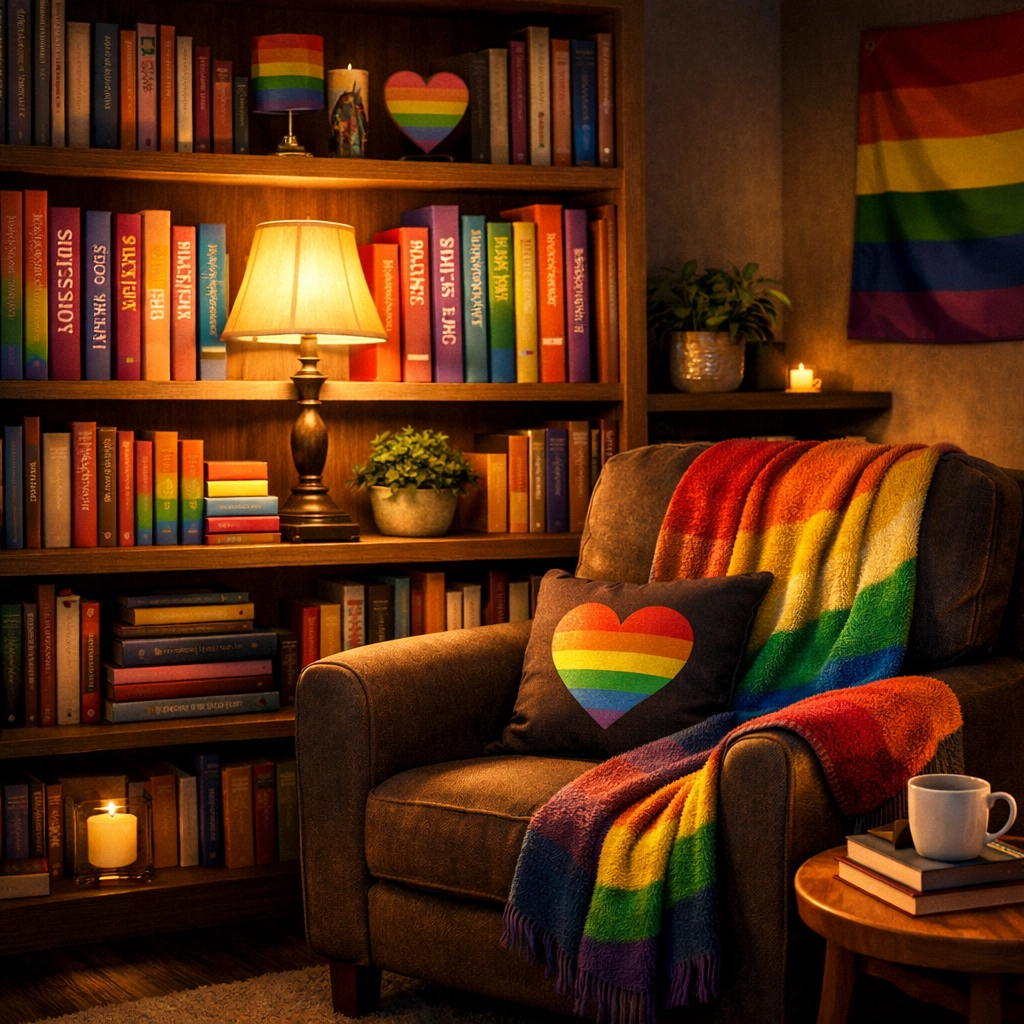 A peaceful home library featuring a collection of gay literature and pride-themed decor in soft light.