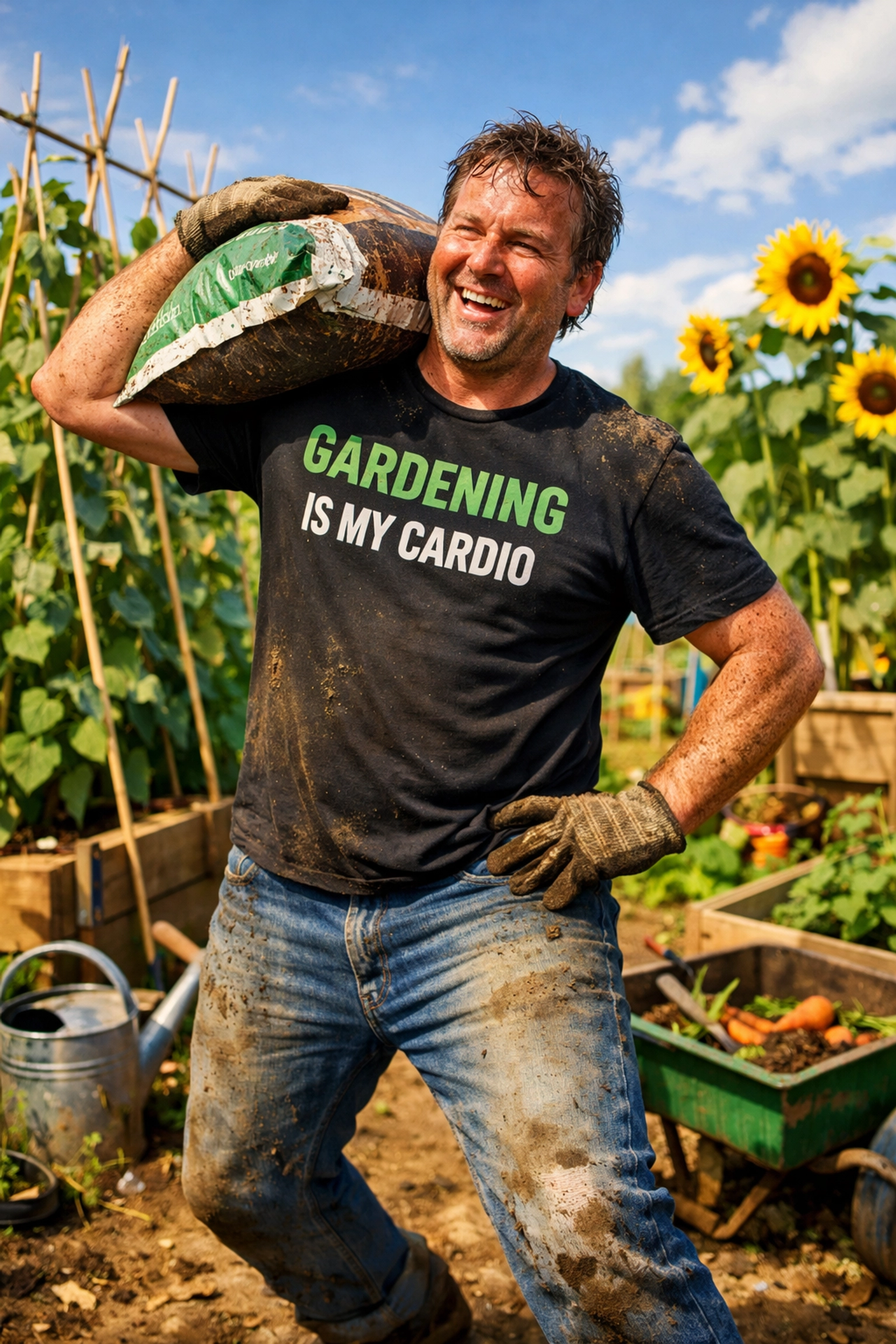 Man at an allotment wearing a 'Gardening Is My Cardio' t-shirt while lifting a heavy bag of compost.