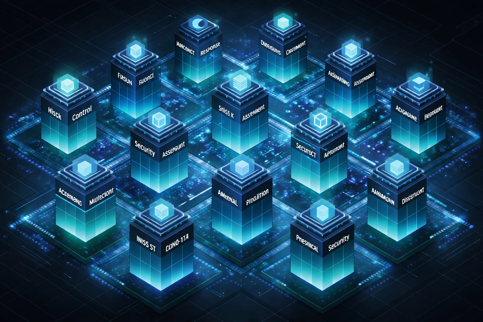 Fourteen glowing security pillars illustrate the complexity of NIST 800-171 compliance for defense contractors