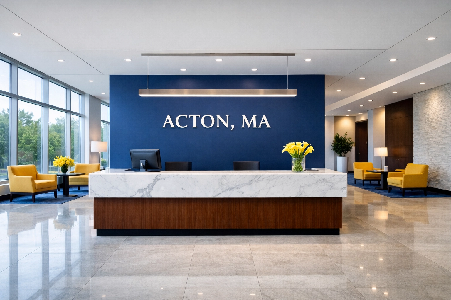 A clean and professional corporate lobby in Acton, MA, maintained by commercial cleaning experts.