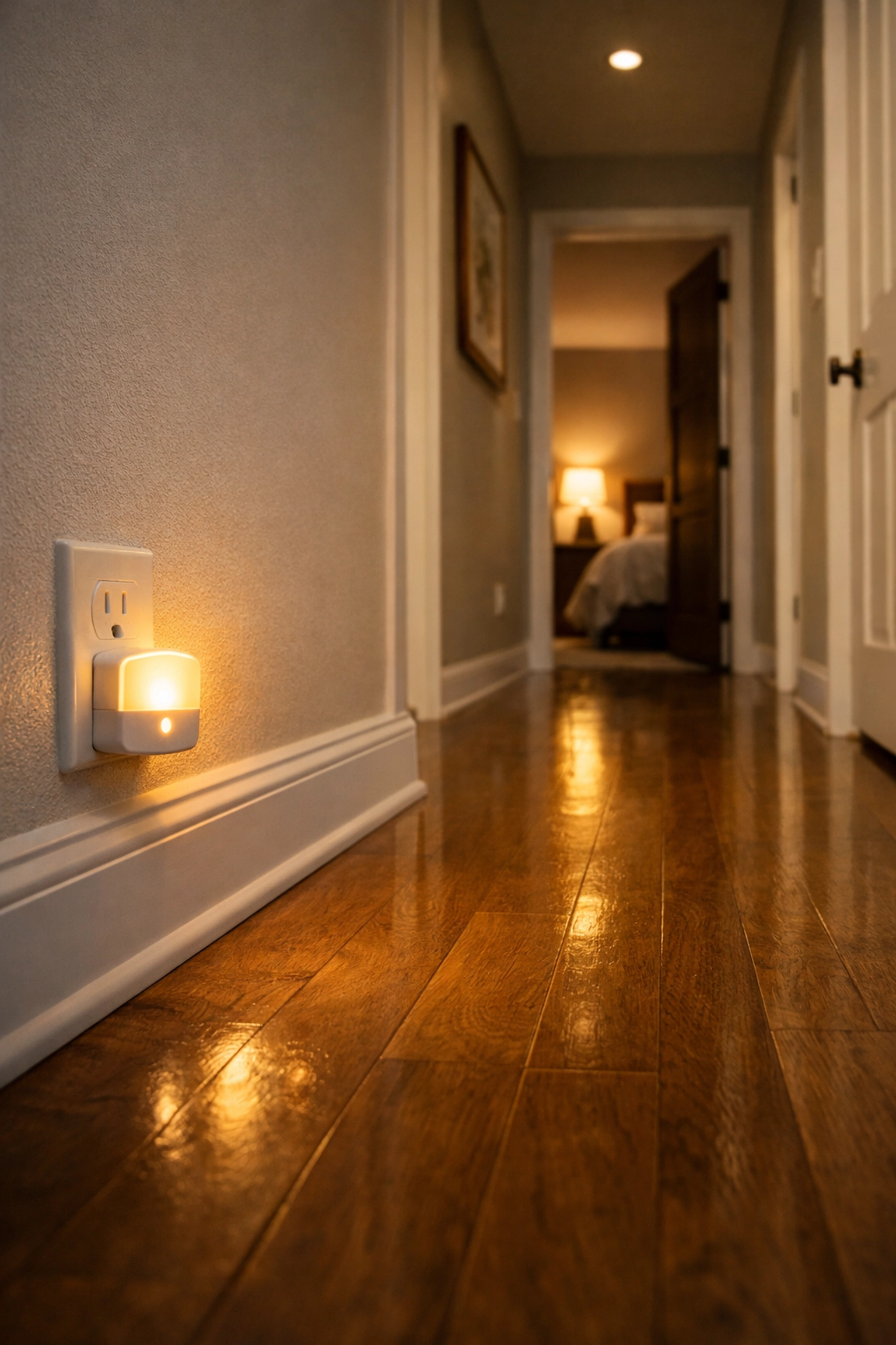 Motion-activated nightlight illuminating a clear hallway path for senior home fall prevention.
