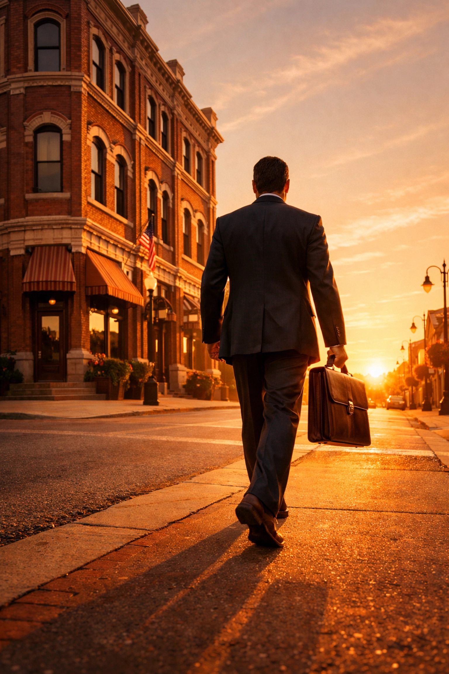 A successful Mississippi business owner walking away from a historic office building in Hattiesburg at sunset.