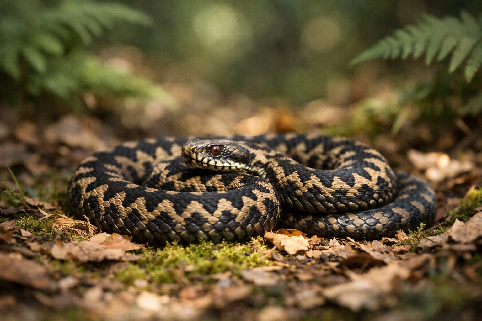 British adder snake on woodland floor showing zigzag pattern wild camping wildlife encounter
