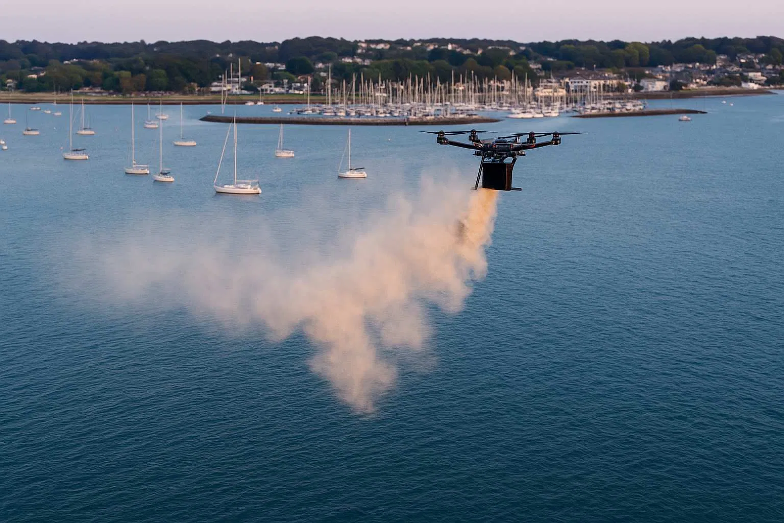 A large black drone scatters cremated ashes over calm blue water near a marina