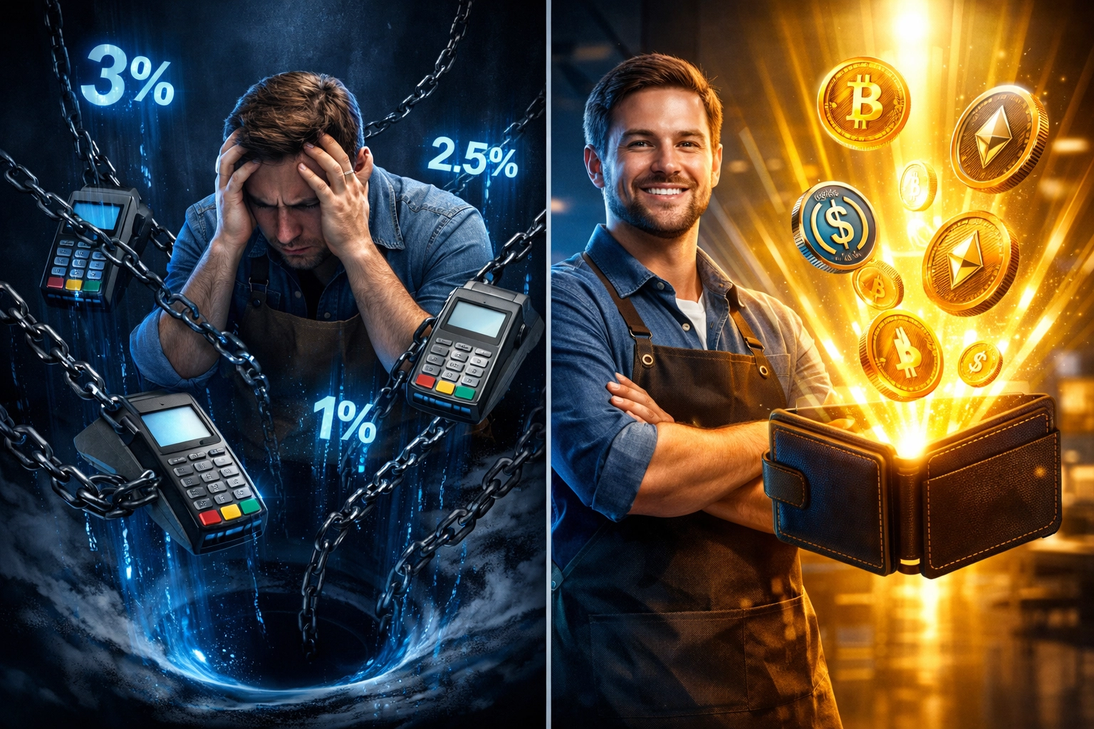 Merchant comparing traditional 3% payment fees versus independent crypto payment acceptance with self-custody