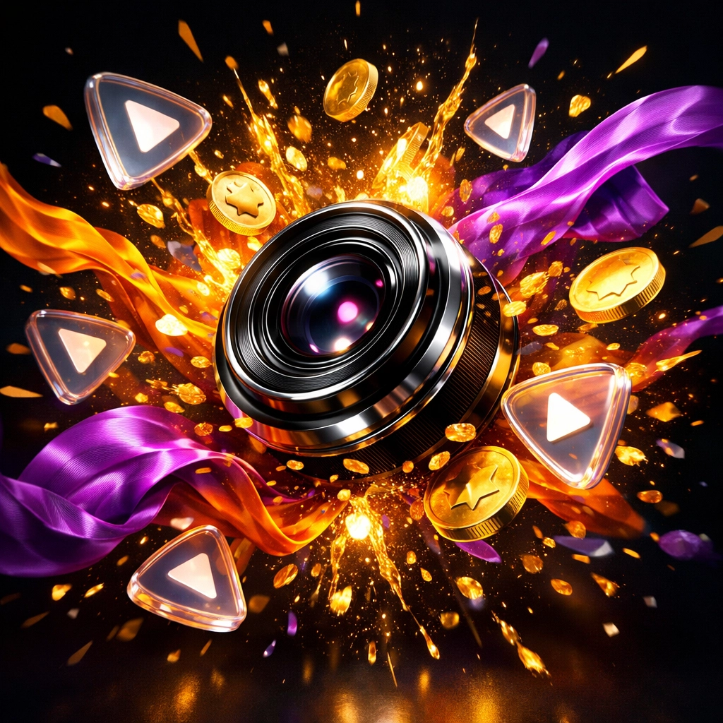 Camera lens surrounded by floating play buttons, representing the viewer dopamine reward system.