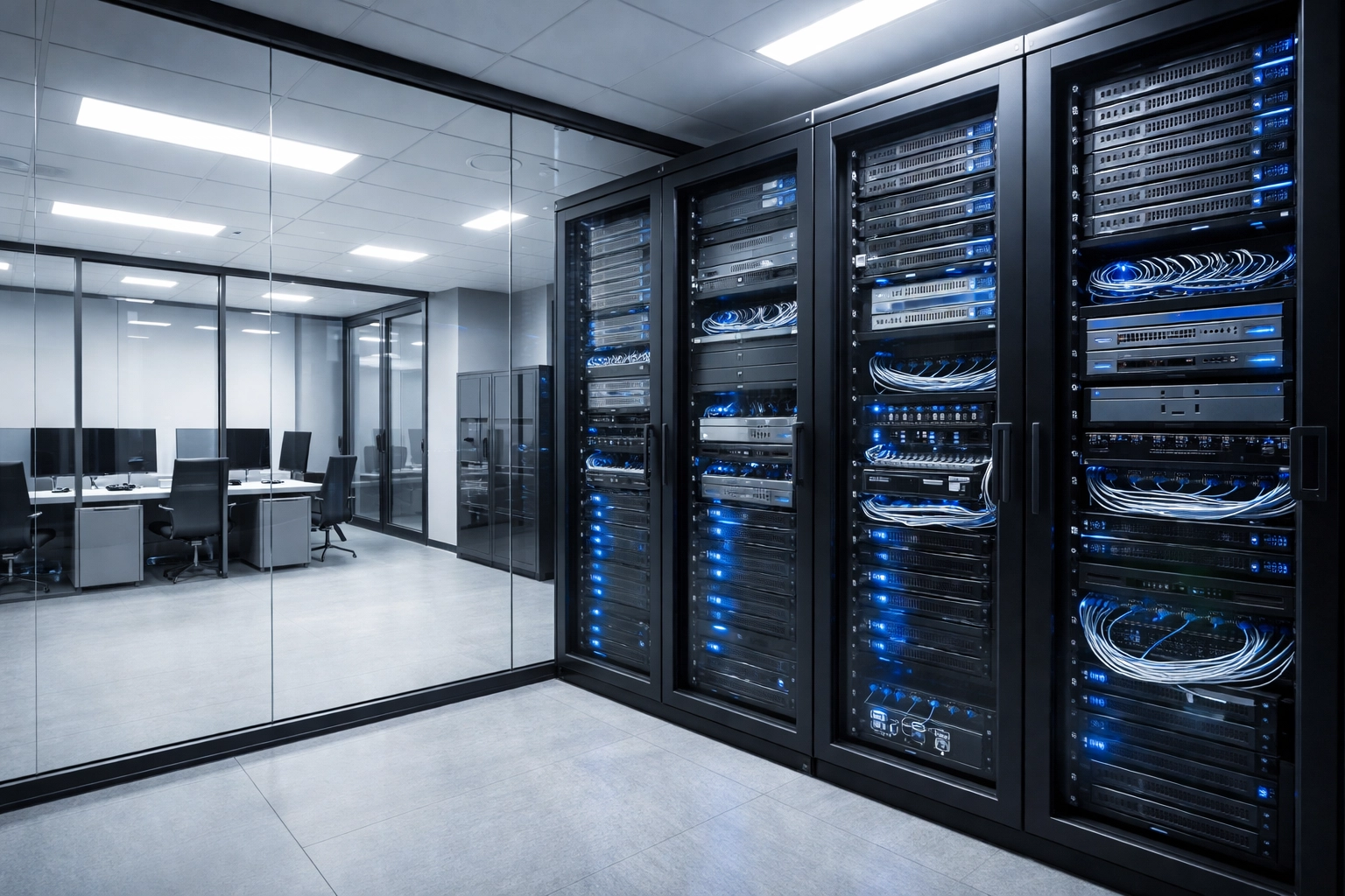 Secure server room adjacent to office signifying cyber liability and data protection for modern businesses.