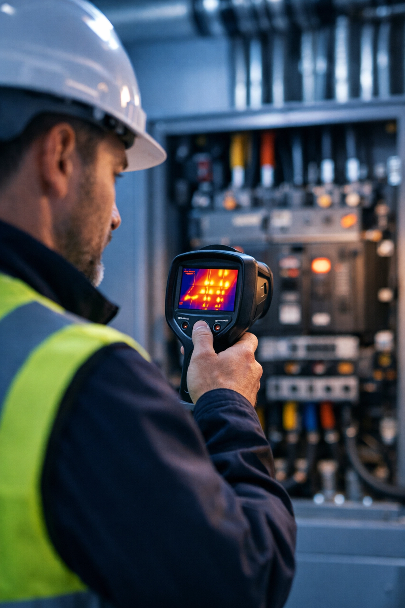 Electrical engineer performing a professional load assessment on a commercial circuit breaker panel.