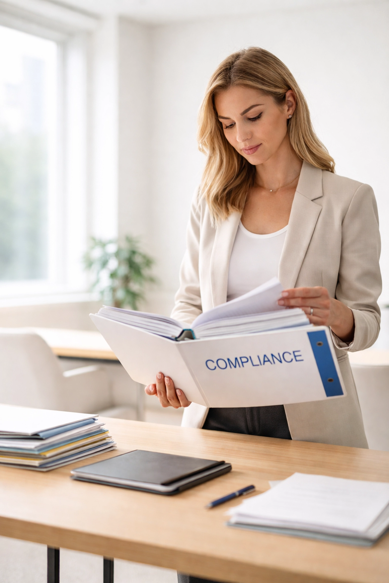 Professional reviewing compliance documentation to prepare for business IT services audit