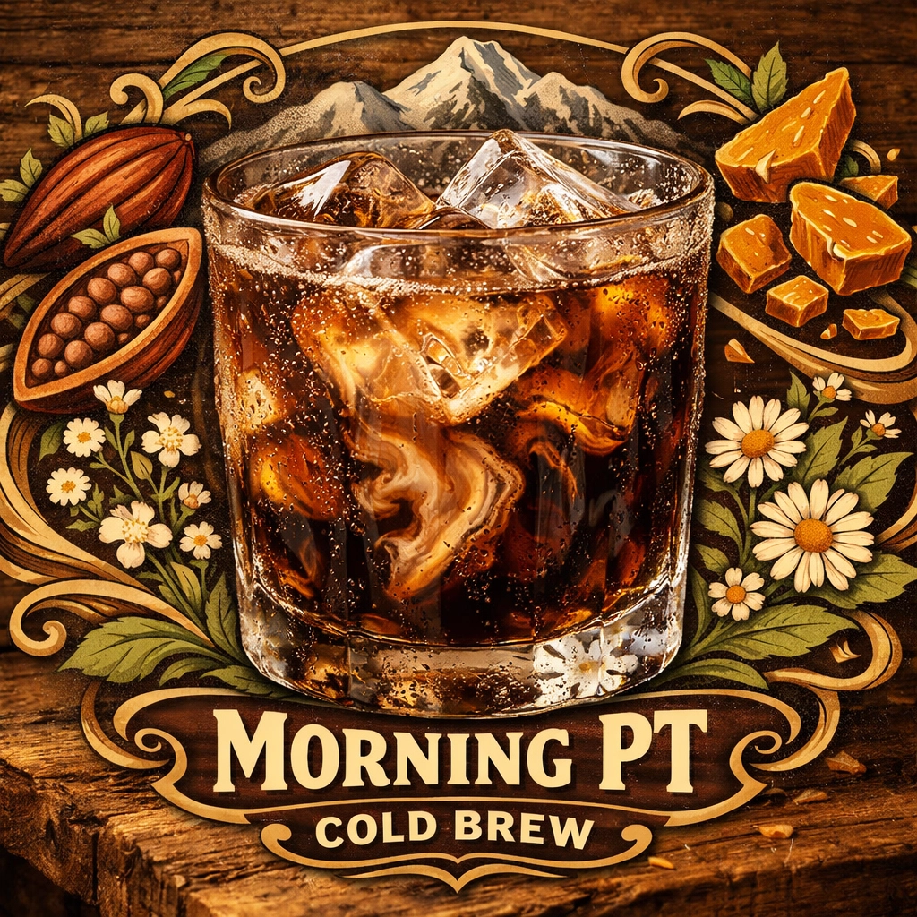 A glass of Morning PT Cold Brew with ice, highlighting chocolate and toffee flavor notes for summer.