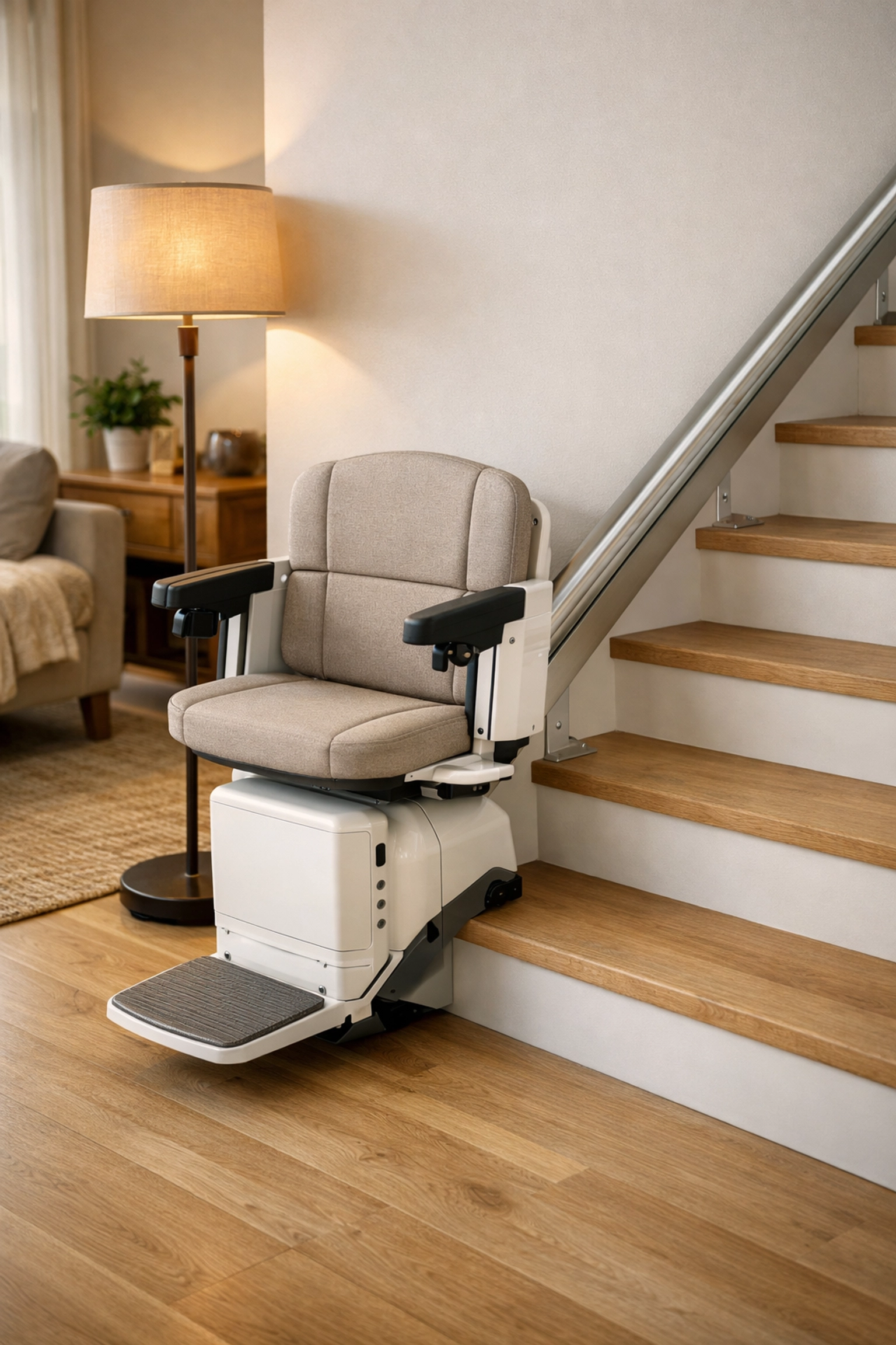 A modern straight stairlift with a folded seat and slim rail installed on wooden stairs for home accessibility.