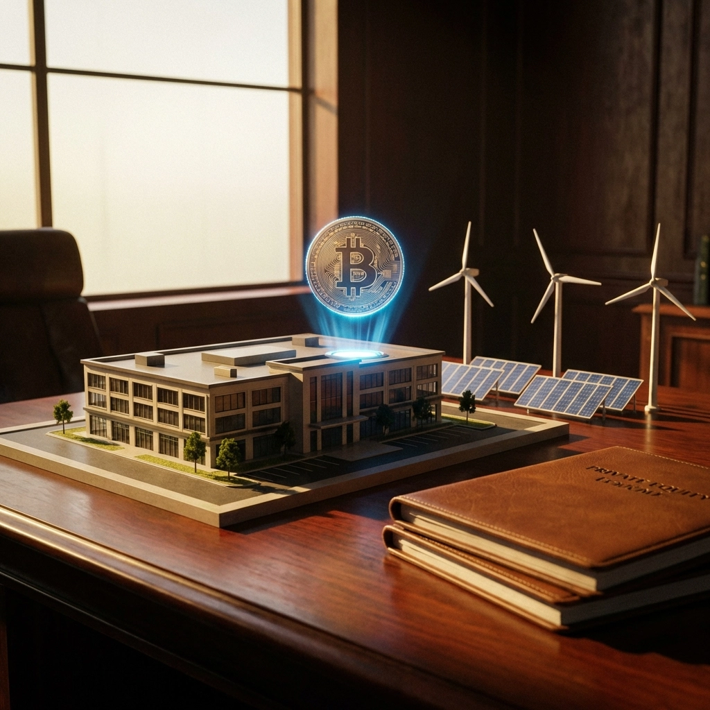 Symbols of alternative investments including real estate, Bitcoin, and renewables for portfolio diversification