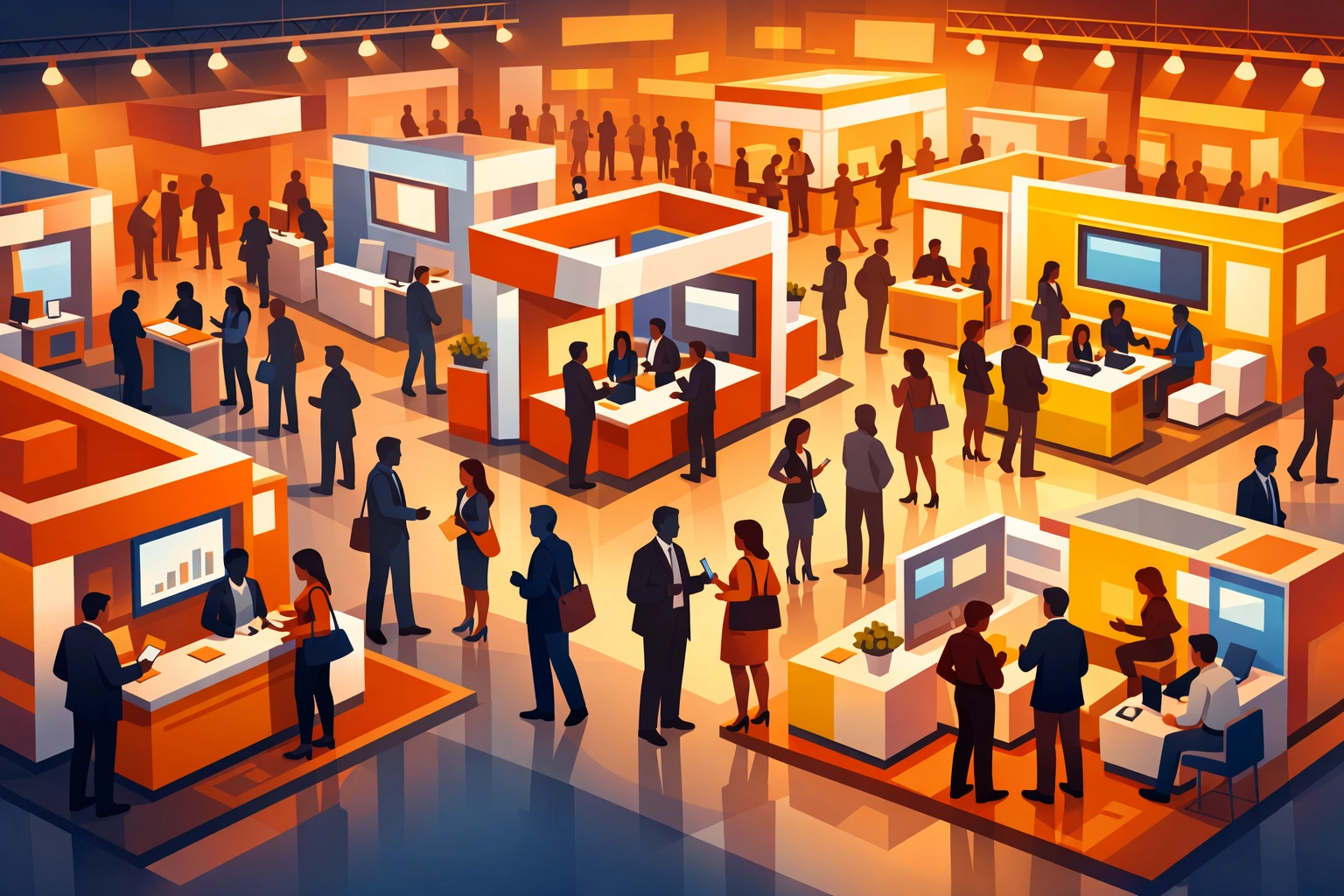 Modern trade show floor with exhibitors and attendees networking at display booths in 2026