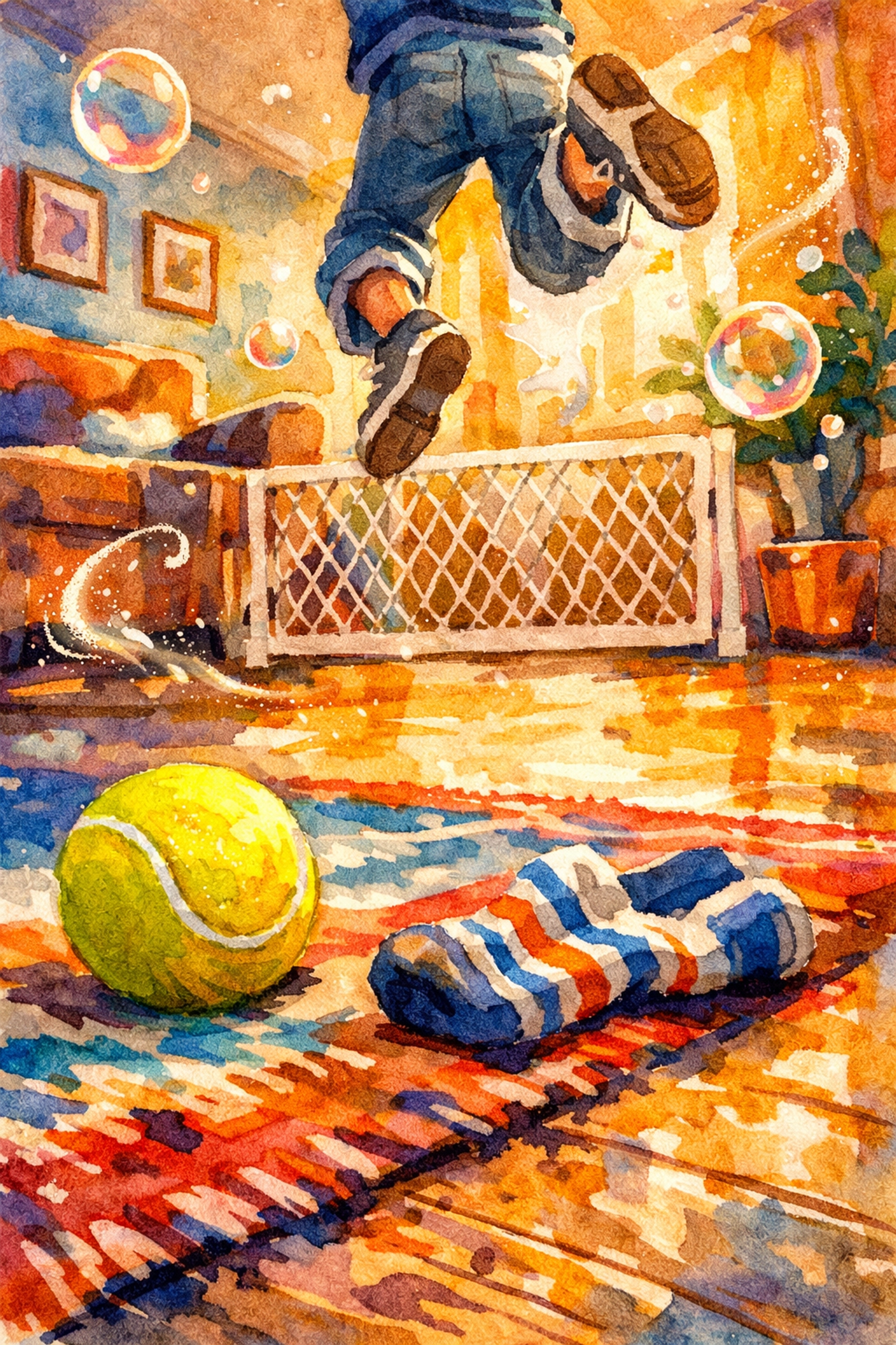 Living room floor with toys and a dog gate, showing the reality of bringing home new dogs for adoption.